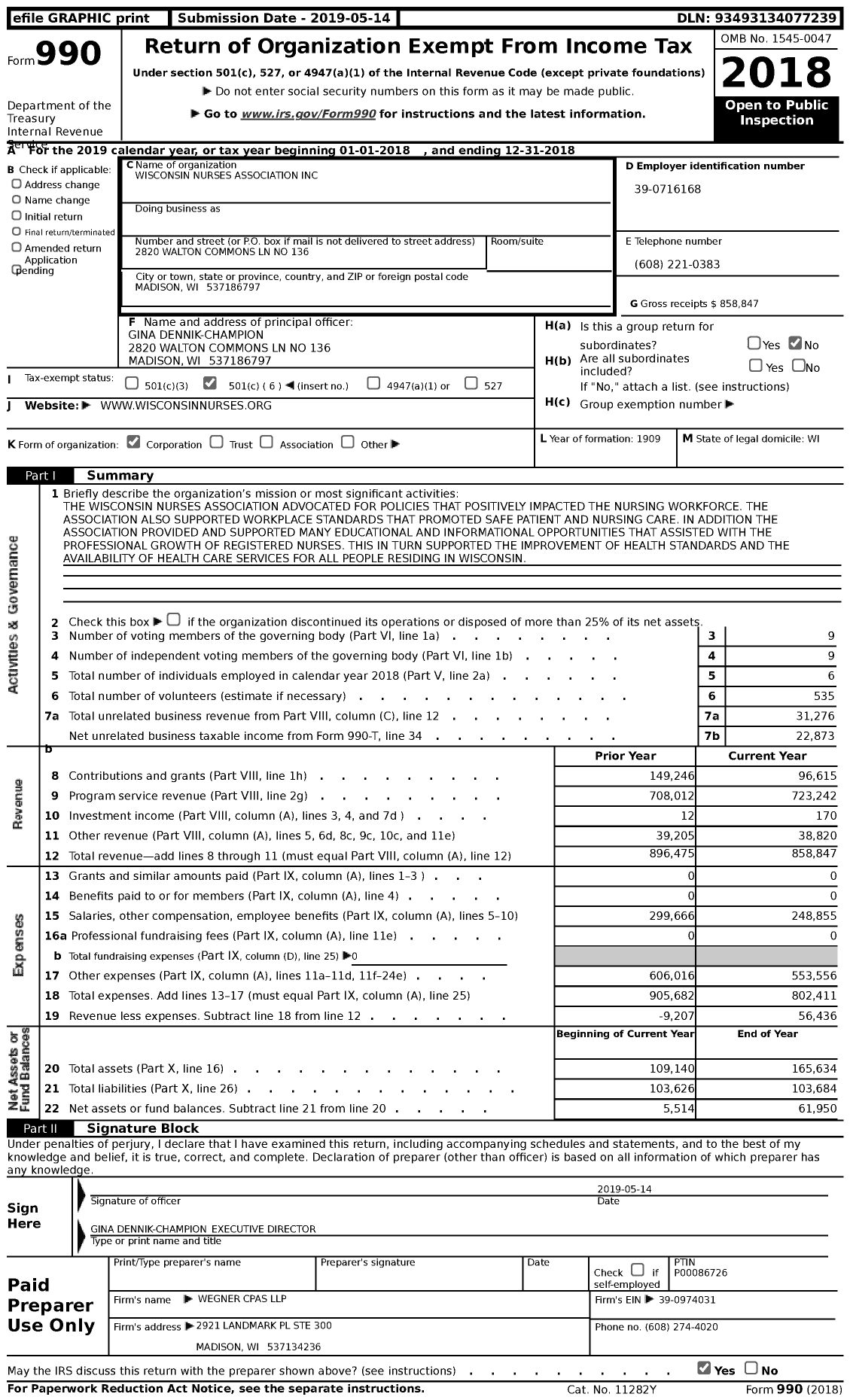 Image of first page of 2018 Form 990 for Wisconsin Nurses Association Incorporated