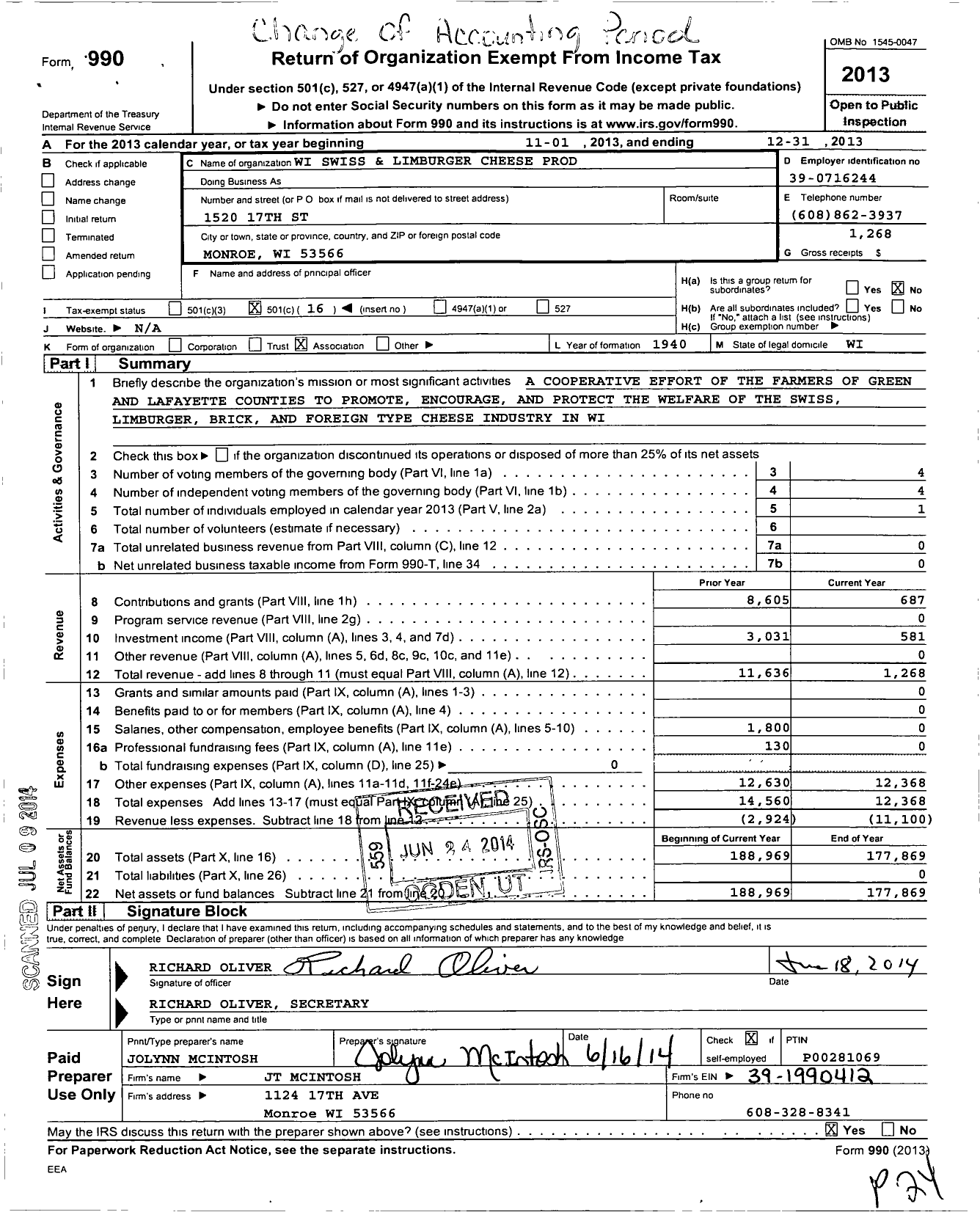 Image of first page of 2013 Form 990O for Wisconsin Swiss and Limburger Cheese Prod