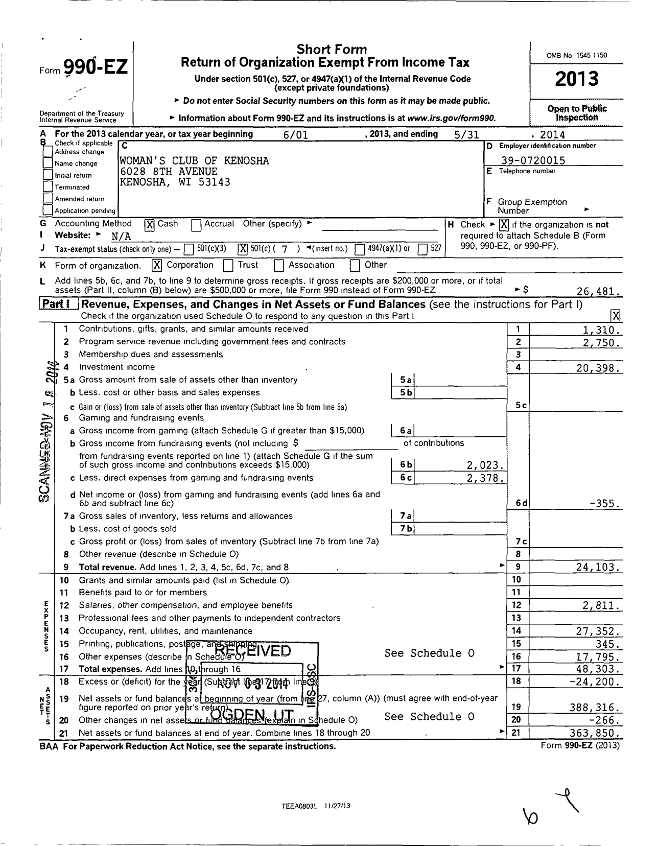 Image of first page of 2013 Form 990EO for General Federation of Womens Club