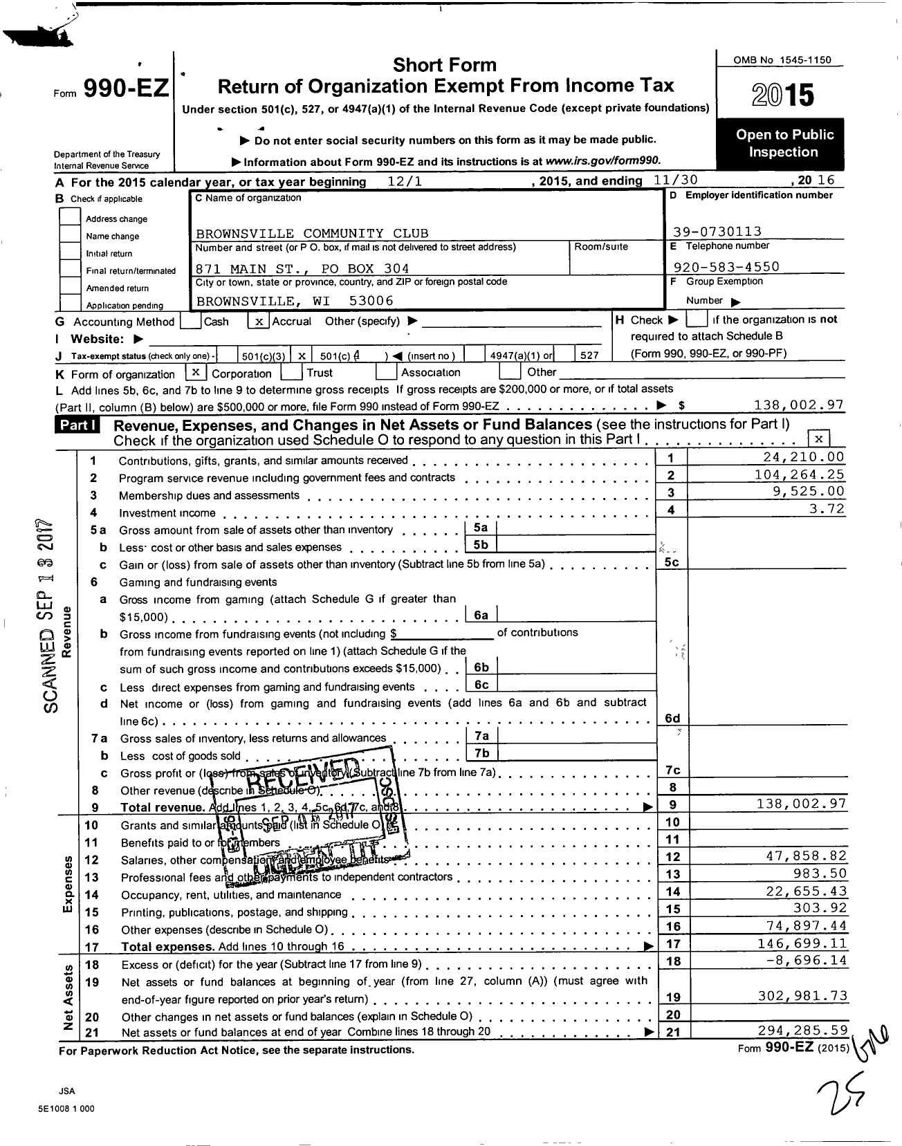 Image of first page of 2015 Form 990EO for Brownsville Community Club