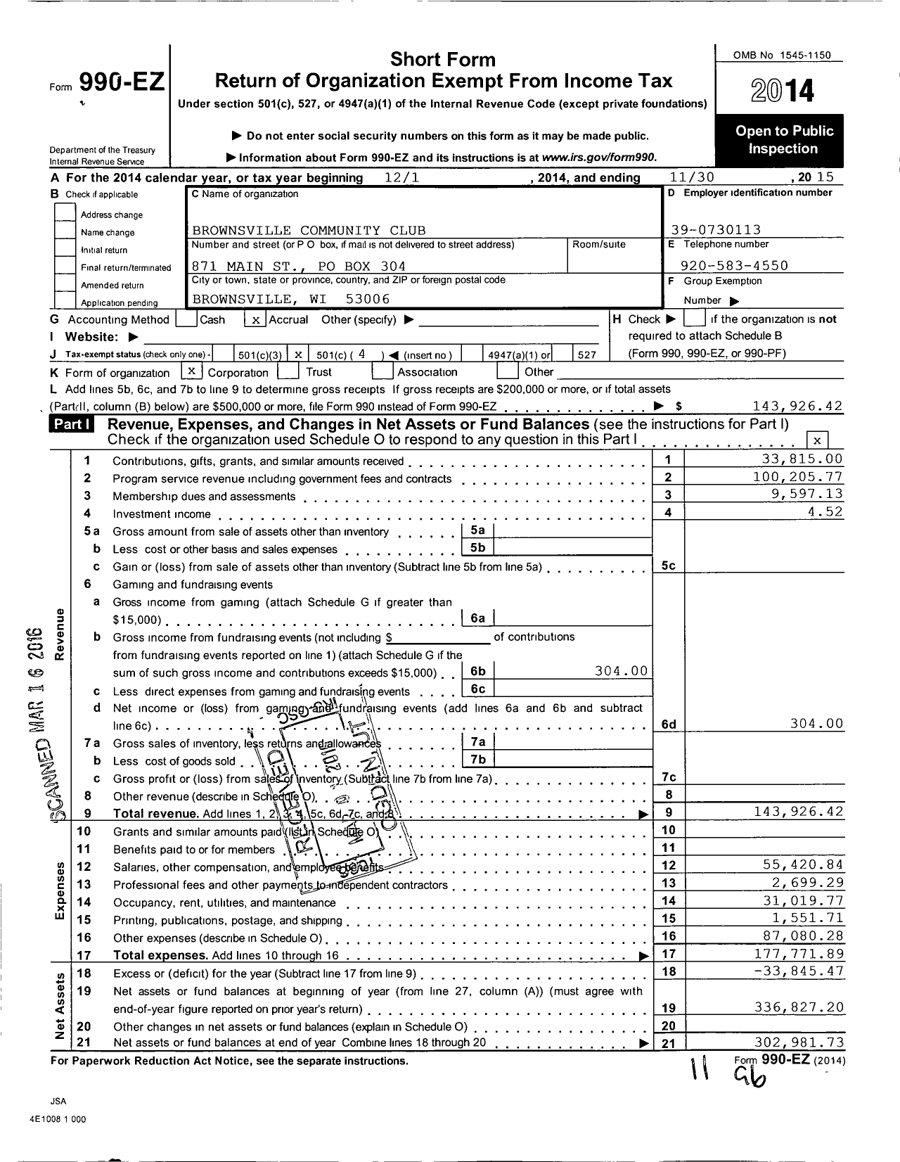 Image of first page of 2014 Form 990EO for Brownsville Community Club