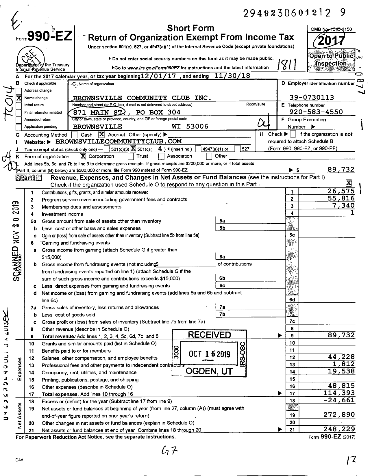 Image of first page of 2017 Form 990EO for Brownsville Community Club