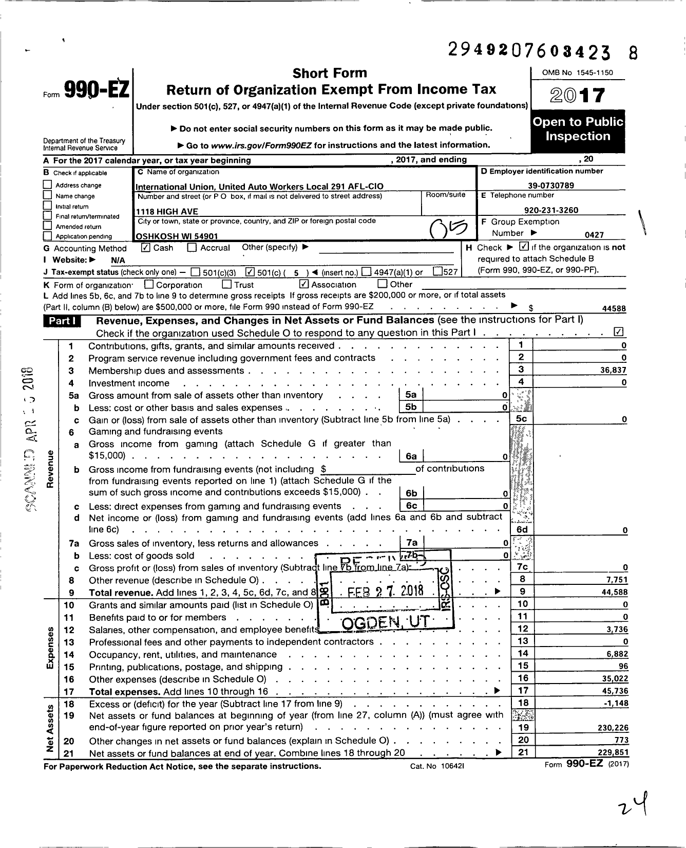 Image of first page of 2017 Form 990EO for Uaw - Local 291