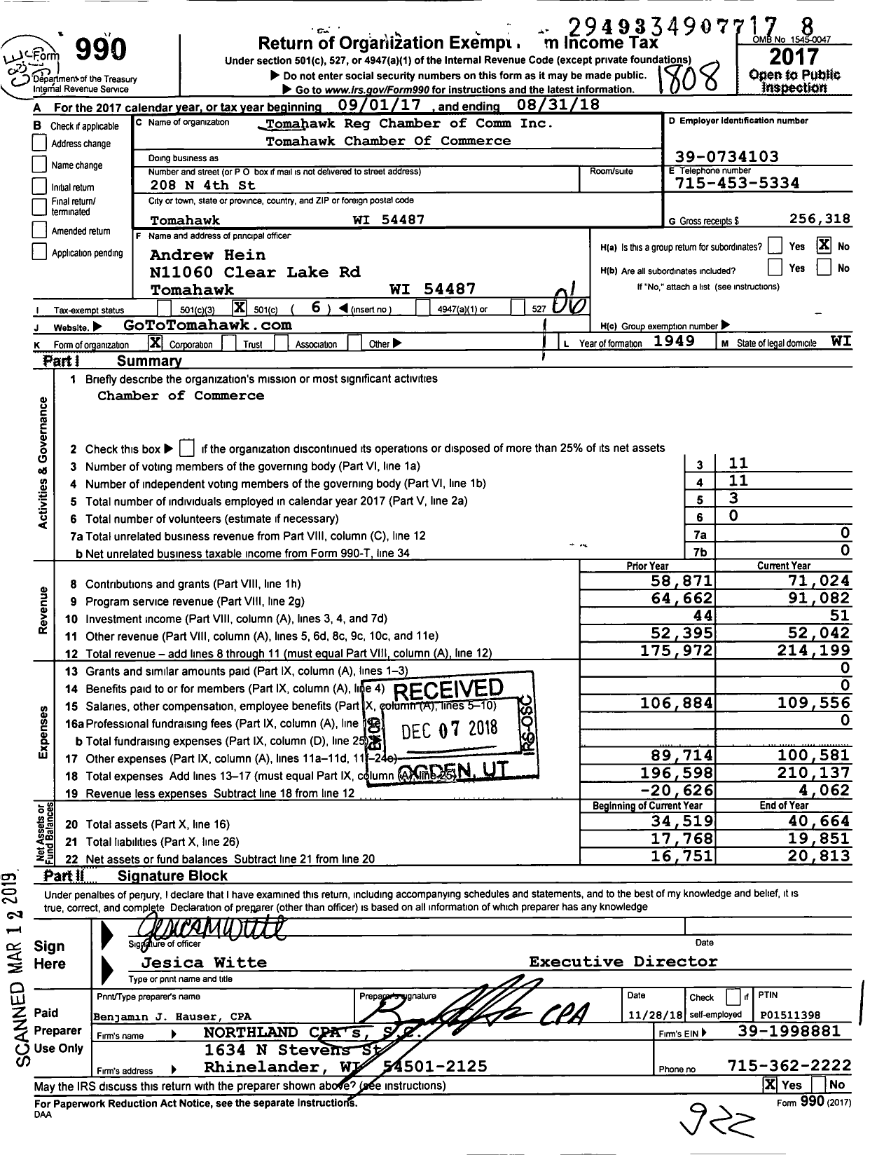 Image of first page of 2017 Form 990O for Tomahawk Reg Chamber of Comm Tomahawk Chamber of Commerce