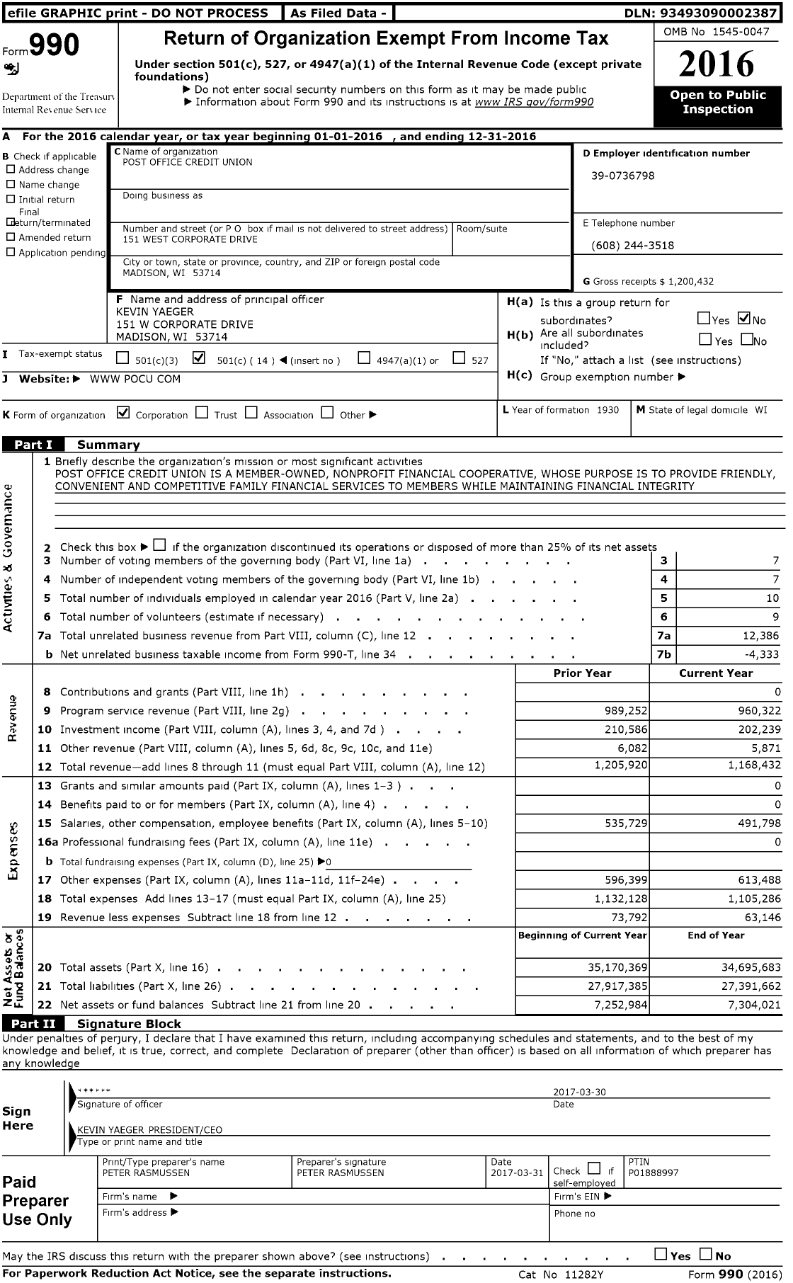Image of first page of 2016 Form 990O for Post Office Credit Union