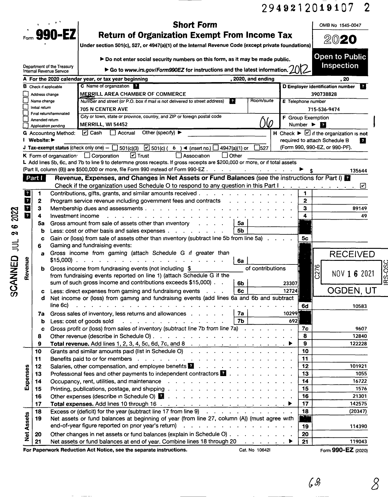 Image of first page of 2020 Form 990EO for Merrill Area Chamber of Commerce