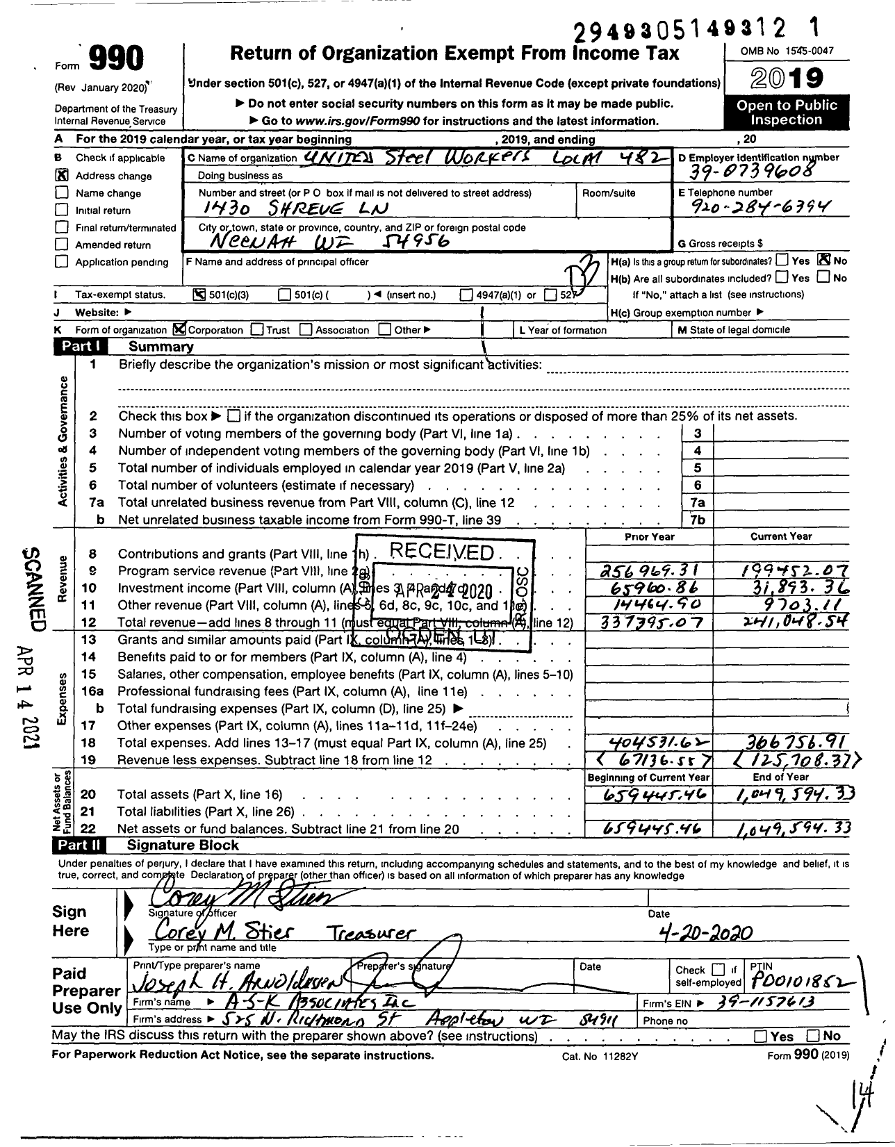 Image of first page of 2019 Form 990 for United Steelworkers - Local Union 482