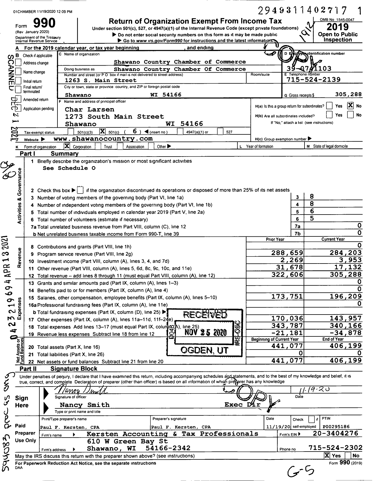 Image of first page of 2019 Form 990O for Shawano Country Chamber of Commerce