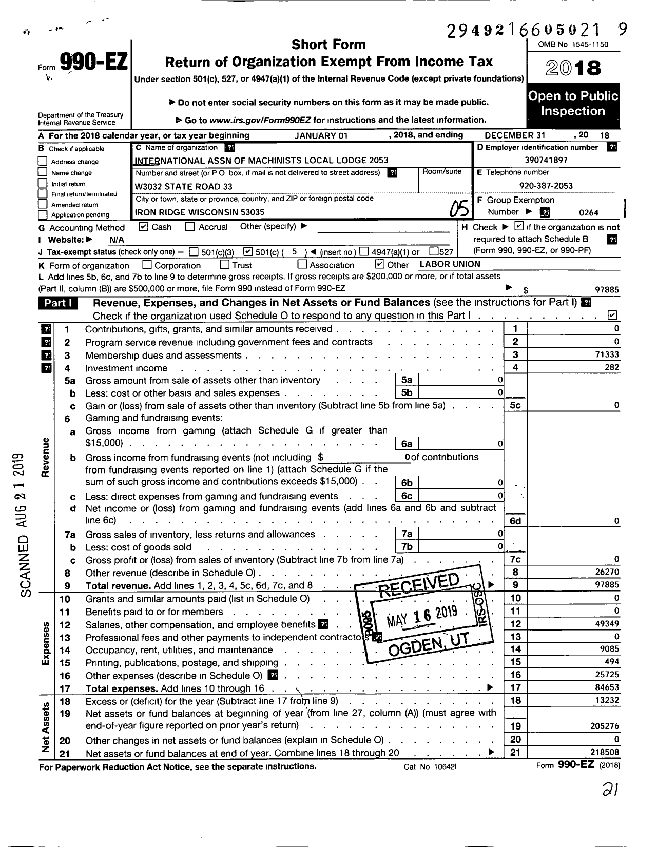 Image of first page of 2018 Form 990EO for International Association of Machinists and Aerospace Workers - 2053