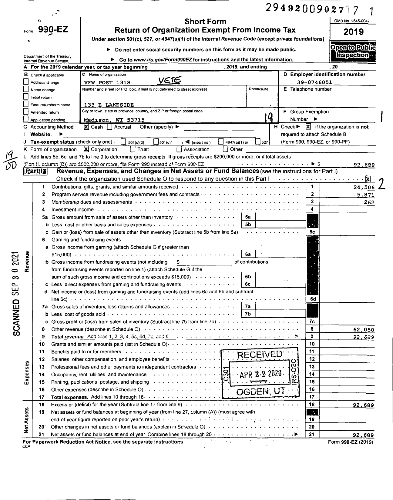 Image of first page of 2019 Form 990EO for VFW Wi - 1318 LT Marion C Cranefield Post