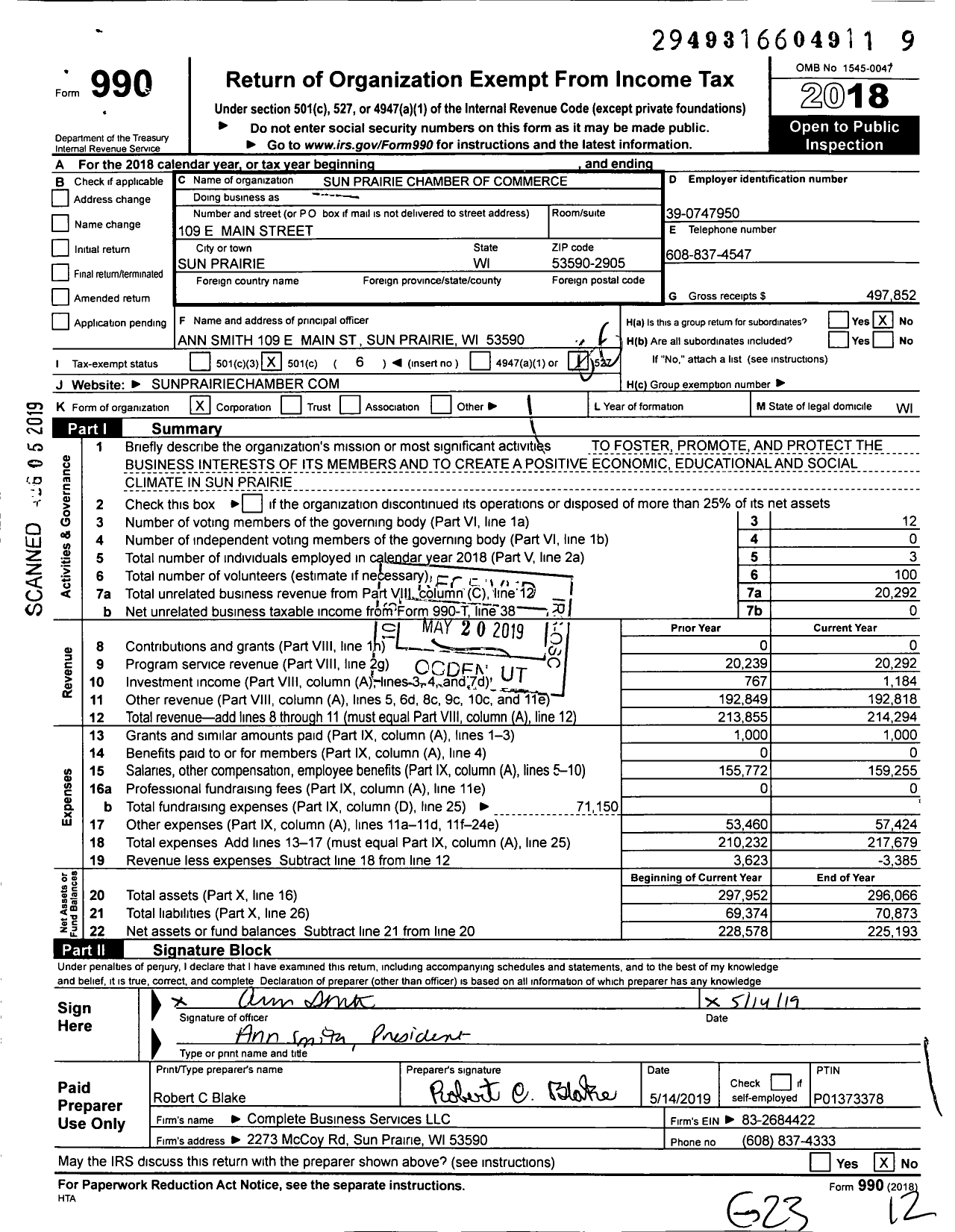 Image of first page of 2018 Form 990O for Sun Prairie Chamber of Commerce