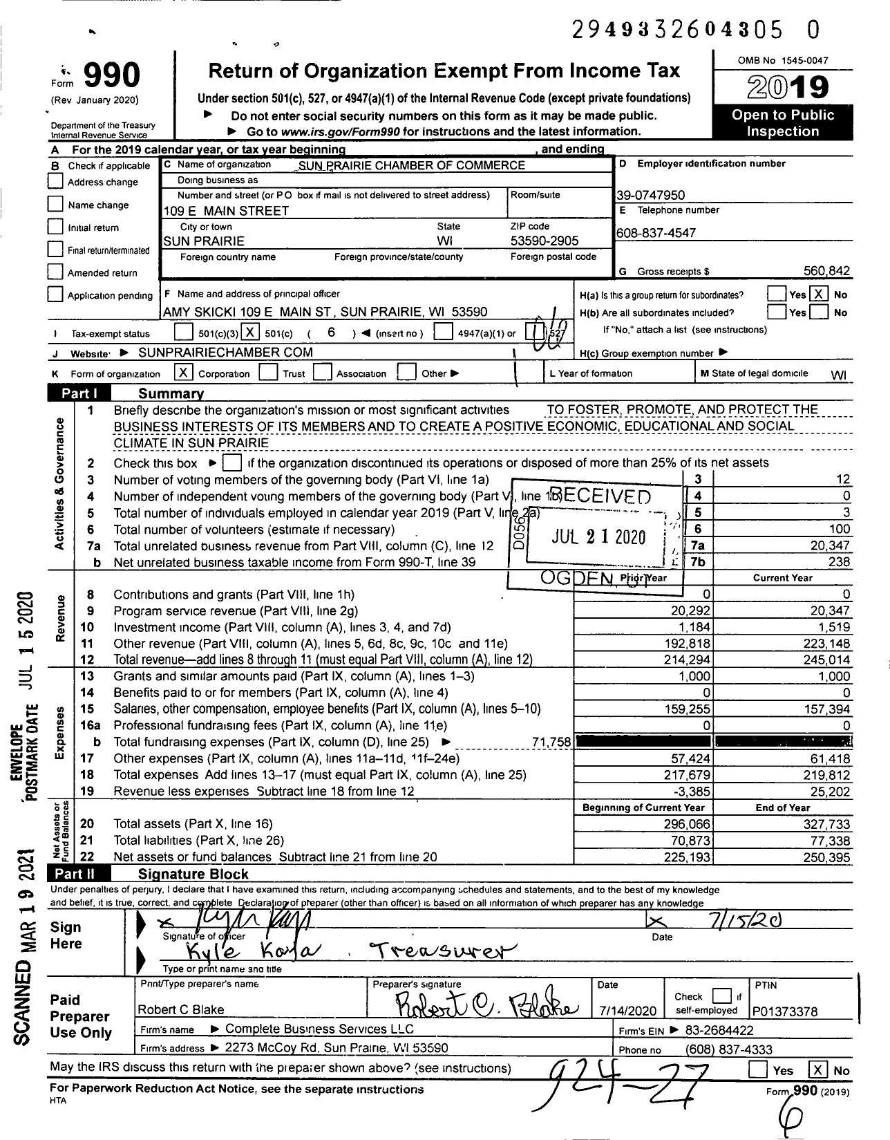 Image of first page of 2019 Form 990O for Sun Prairie Chamber of Commerce