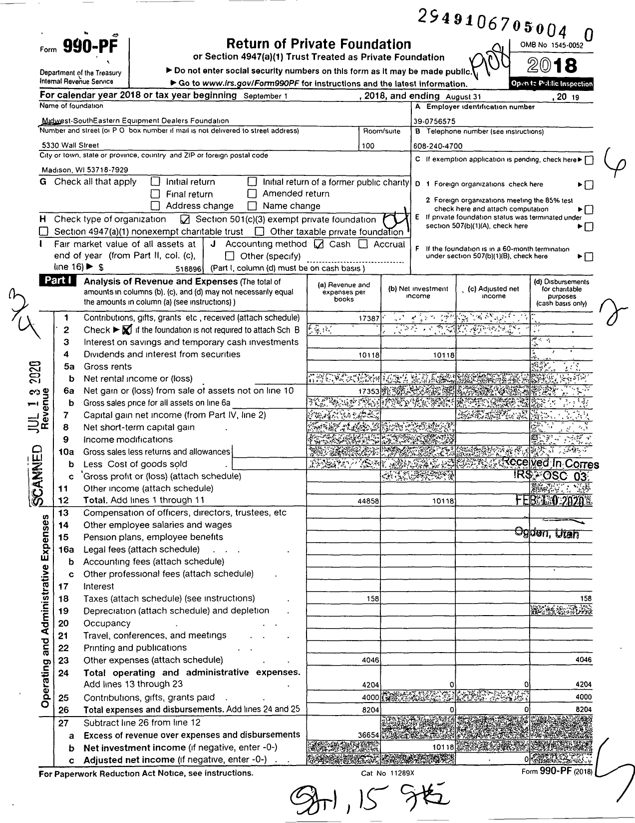Image of first page of 2018 Form 990PR for Midwest-Southeastern Equipment Dealers Foundation