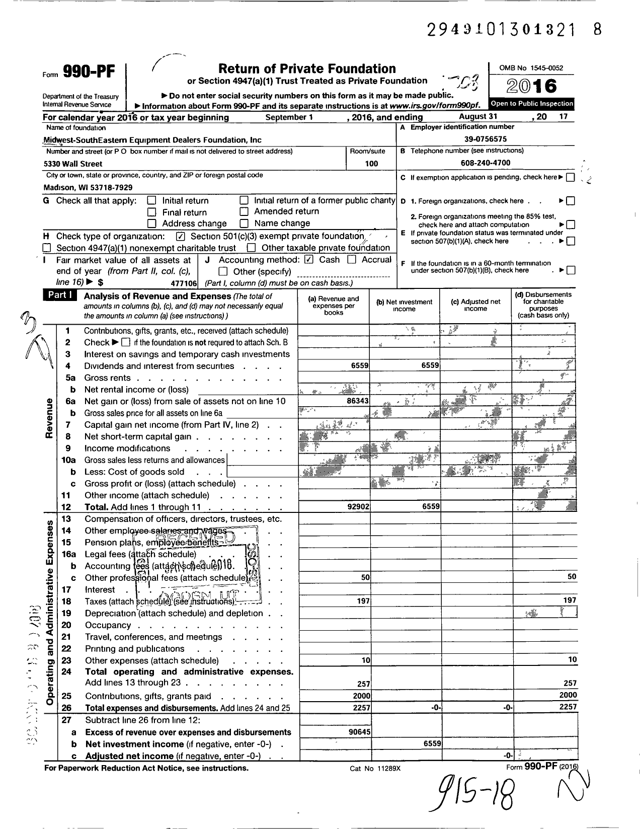Image of first page of 2016 Form 990PF for Midwest-Southeastern Equipment Dealers Foundation