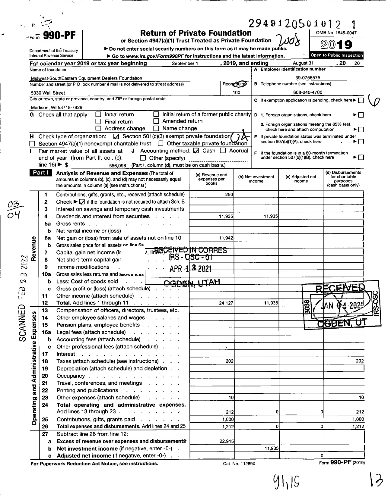 Image of first page of 2019 Form 990PF for Midwest-Southeastern Equipment Dealers Foundation