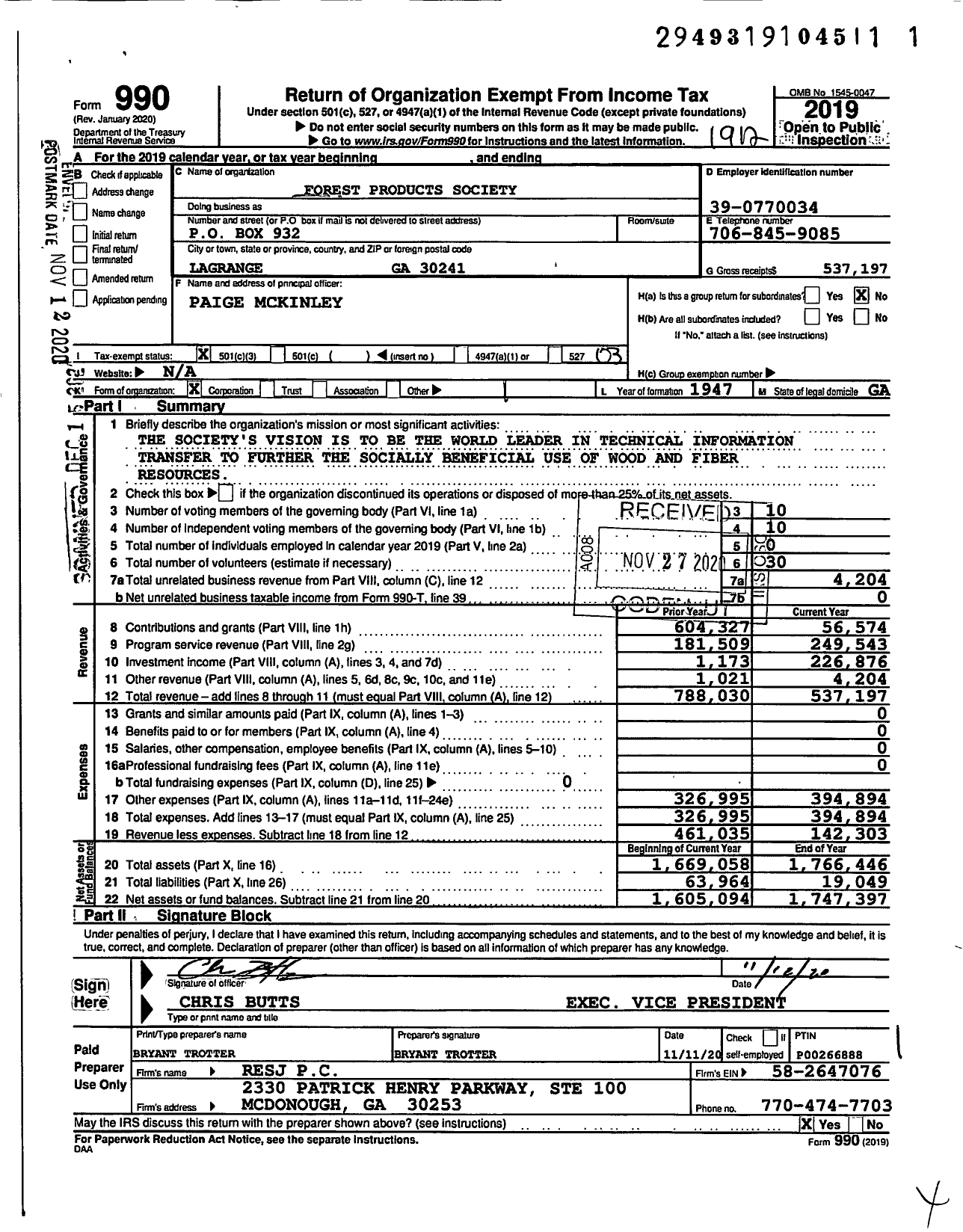 Image of first page of 2019 Form 990 for Forest Products Society