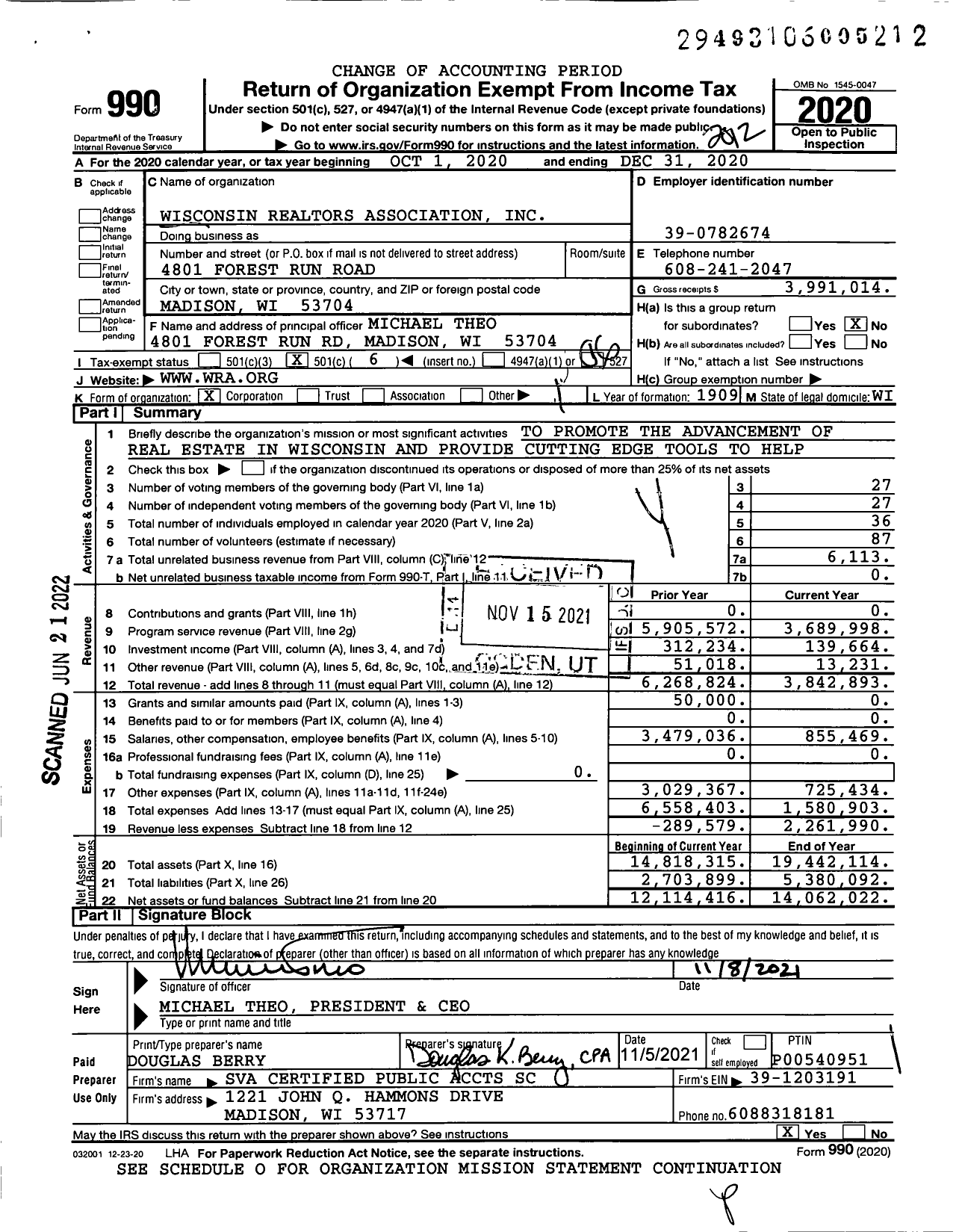 Image of first page of 2020 Form 990O for Wisconsin Realtors Association (WRA)