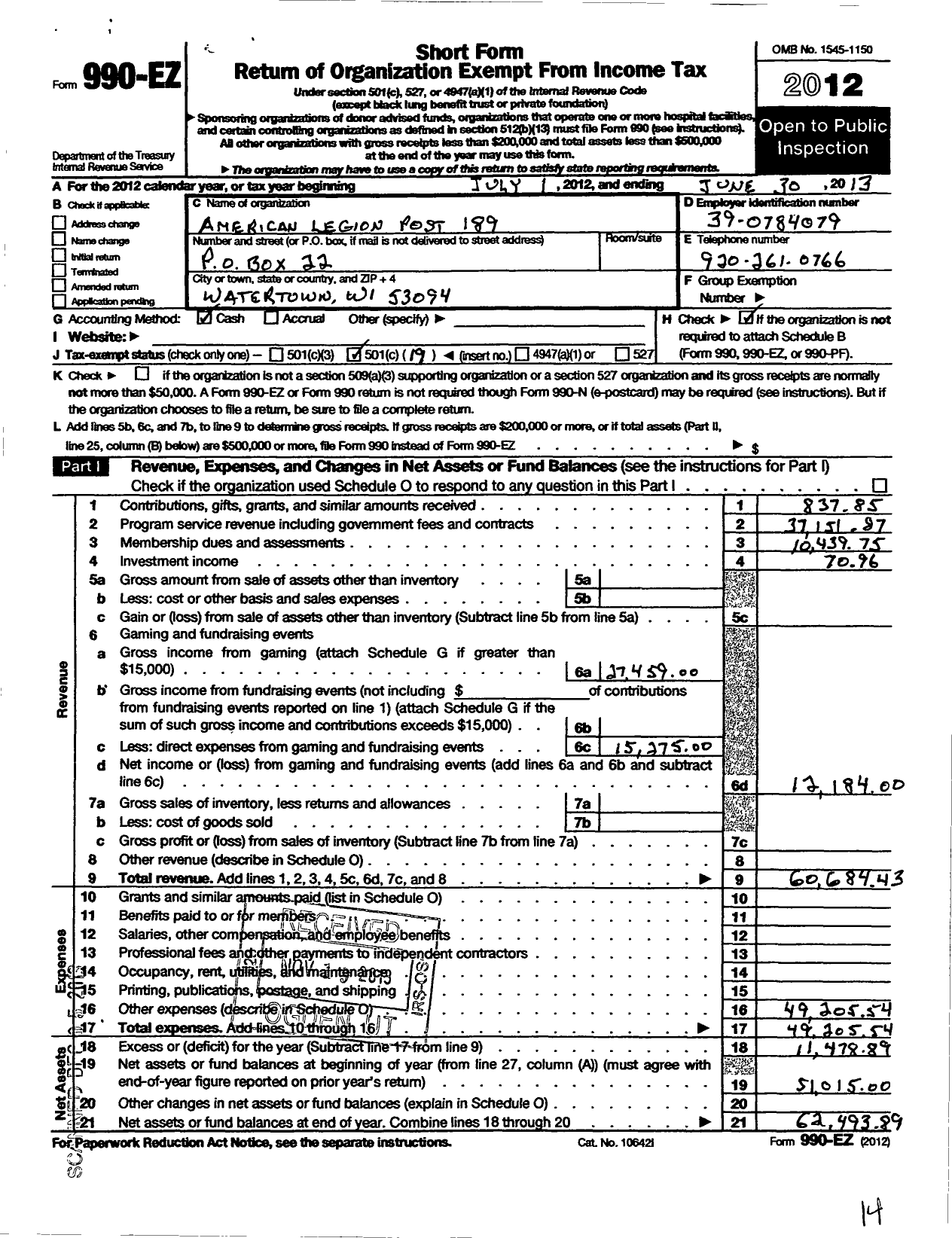 Image of first page of 2012 Form 990EO for American Legion Post 189