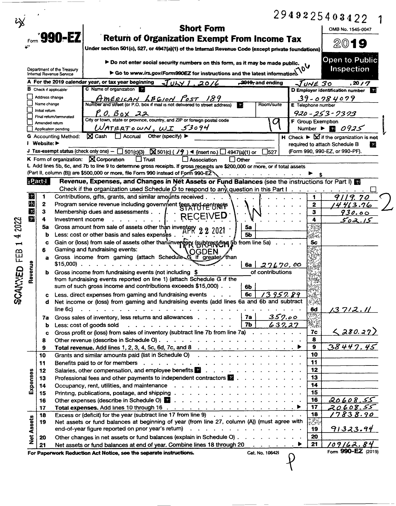 Image of first page of 2016 Form 990EO for American Legion Post 189