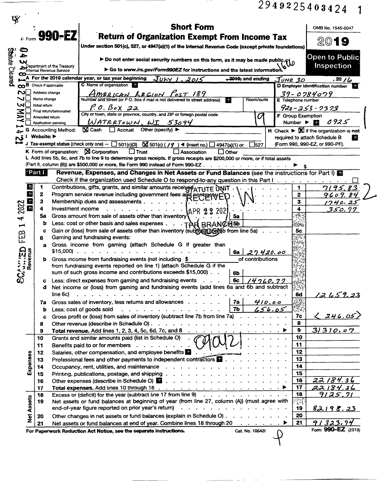 Image of first page of 2015 Form 990EO for American Legion Post 189