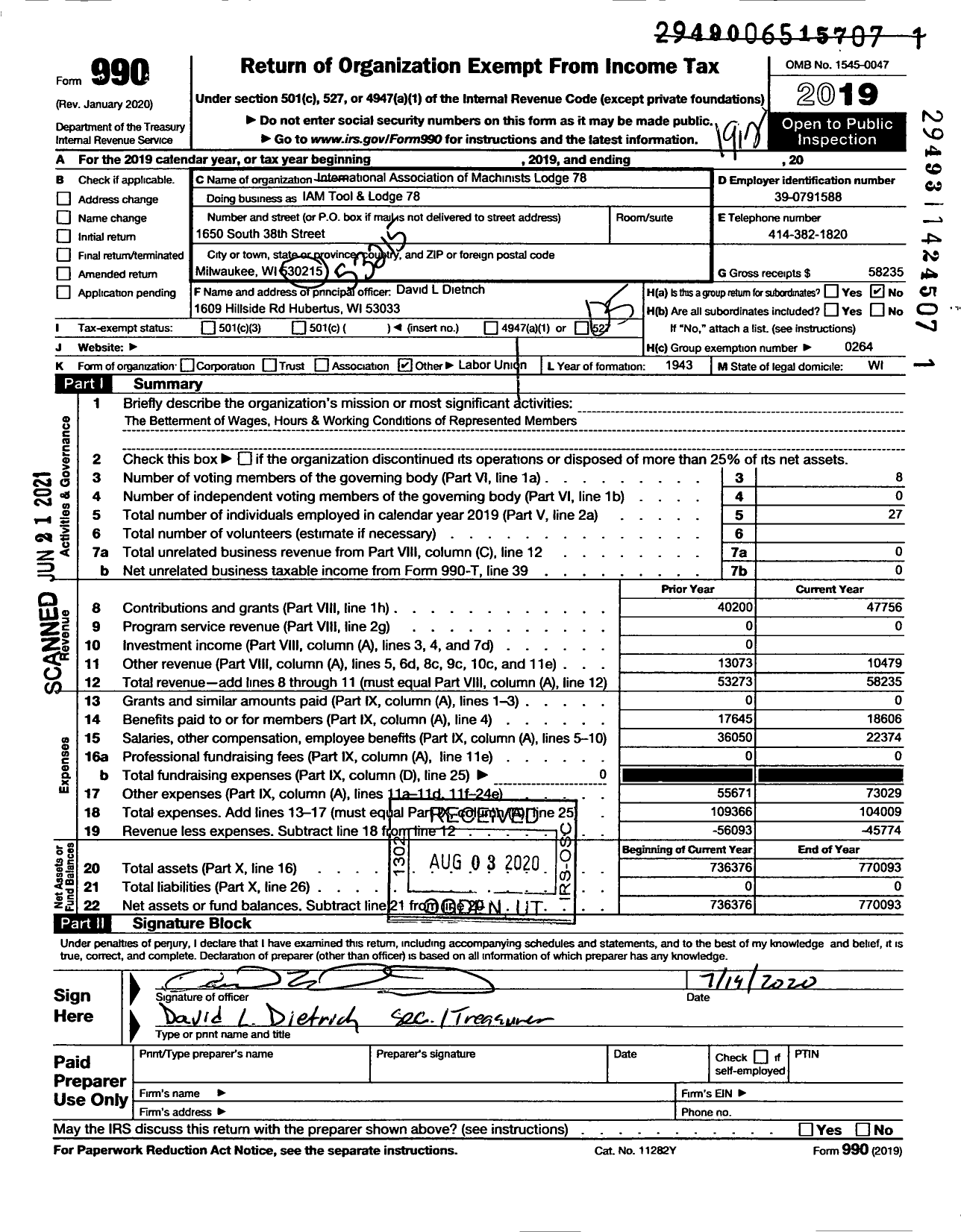 Image of first page of 2019 Form 990O for International Association of Machinists and Aerospace Workers - Tool and Die Lodge 78