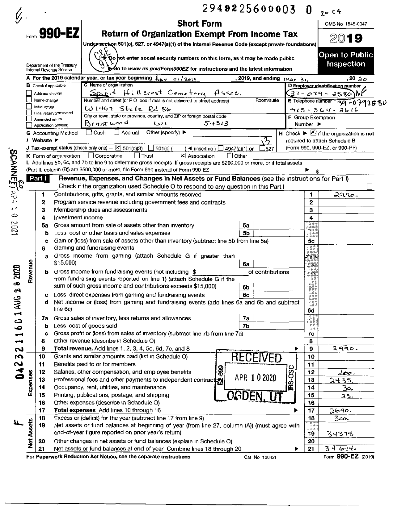 Image of first page of 2019 Form 990EO for Spirit Hill Crest Cemetery Association