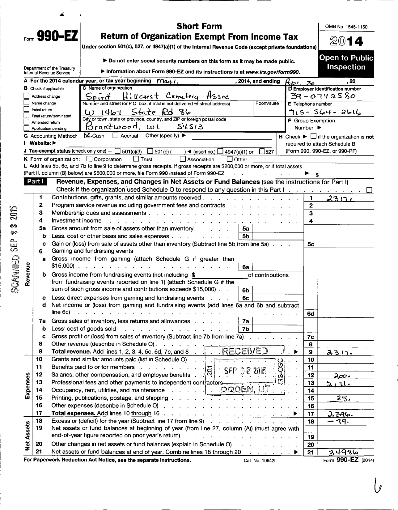 Image of first page of 2013 Form 990EO for Spirit Hill Crest Cemetery Association