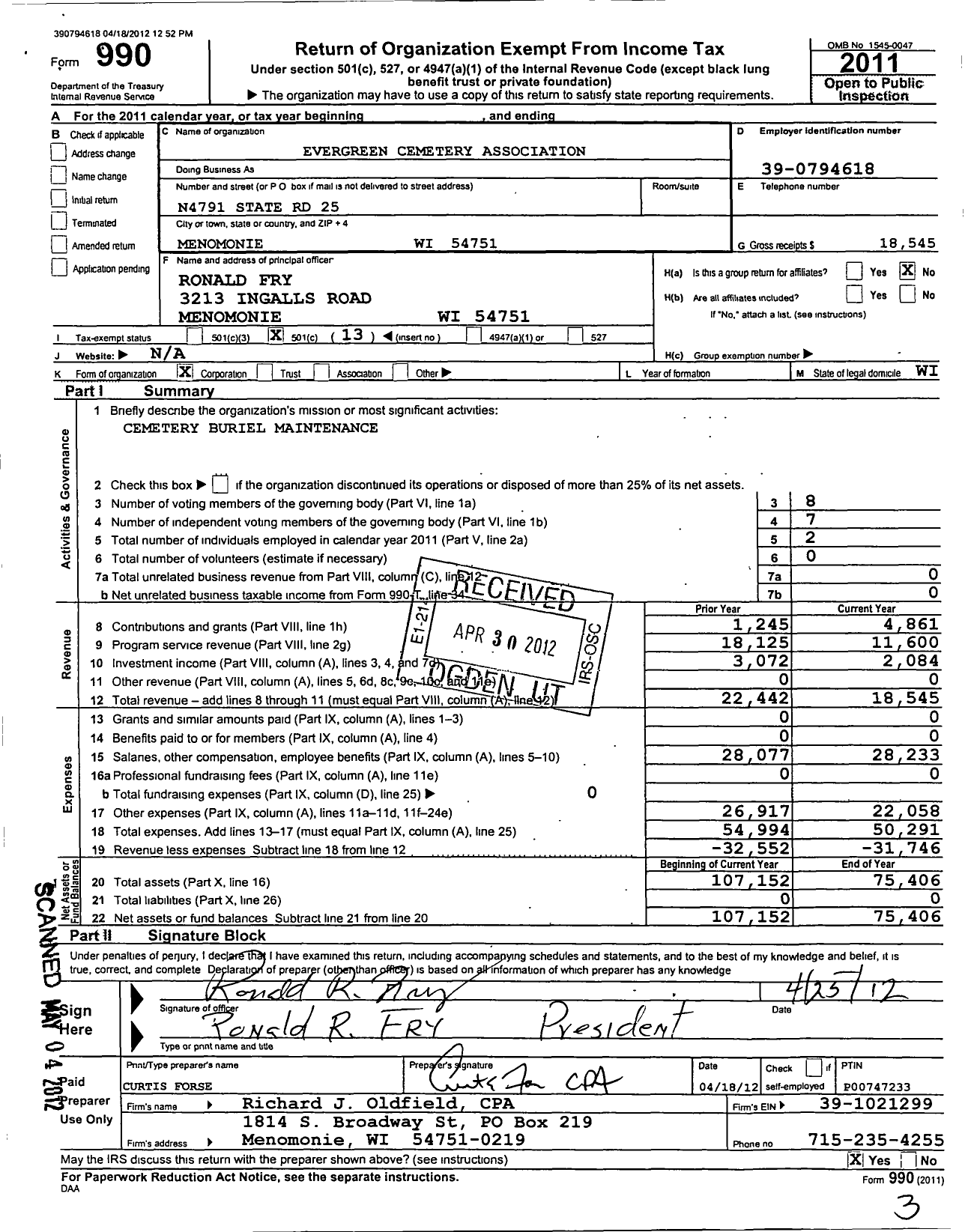 Image of first page of 2011 Form 990O for Evergreen Cemetery Association