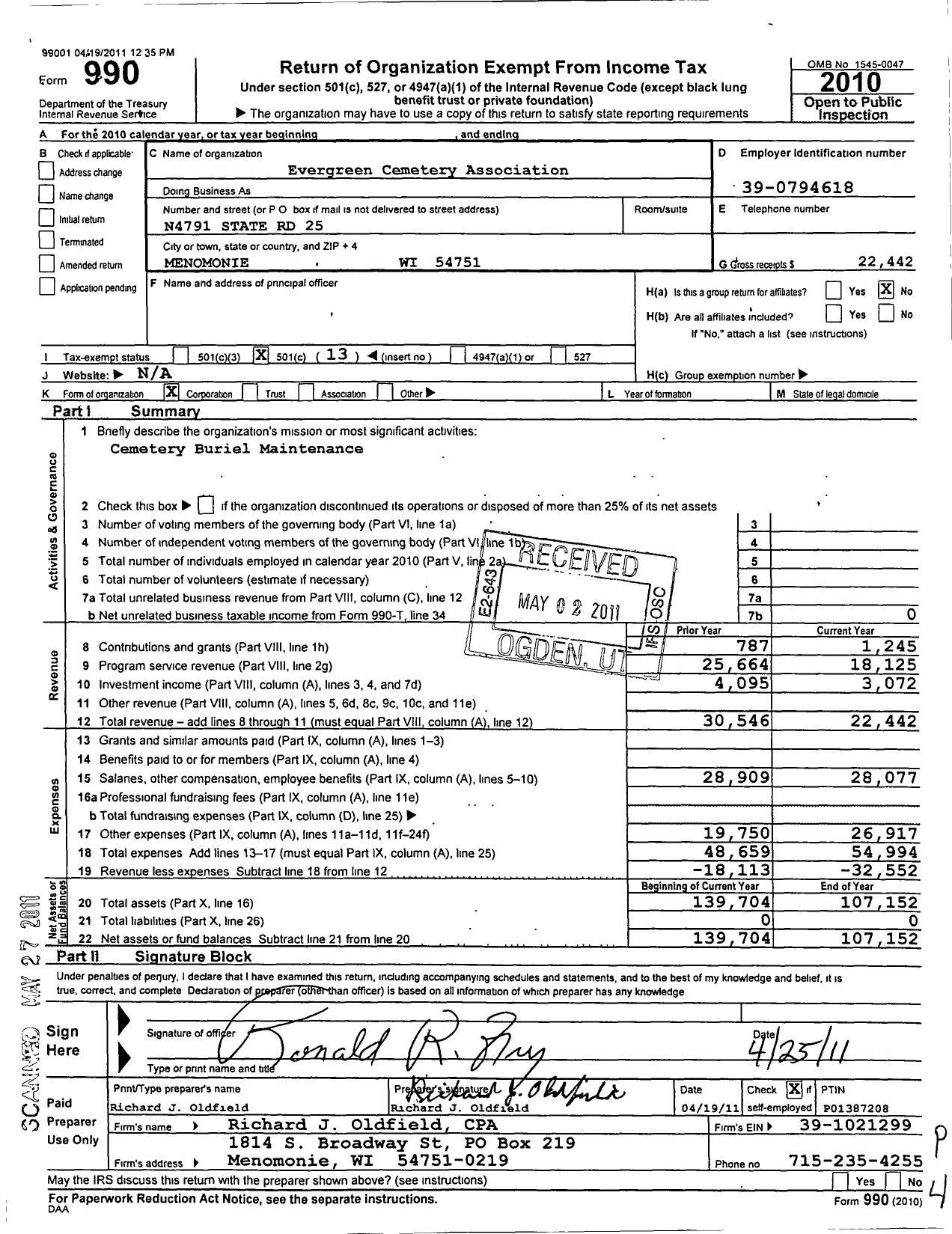 Image of first page of 2010 Form 990O for Evergreen Cemetery Association