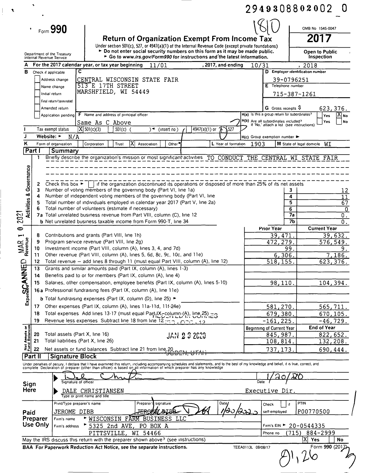 Image of first page of 2017 Form 990 for Central Wisconsin State Fair