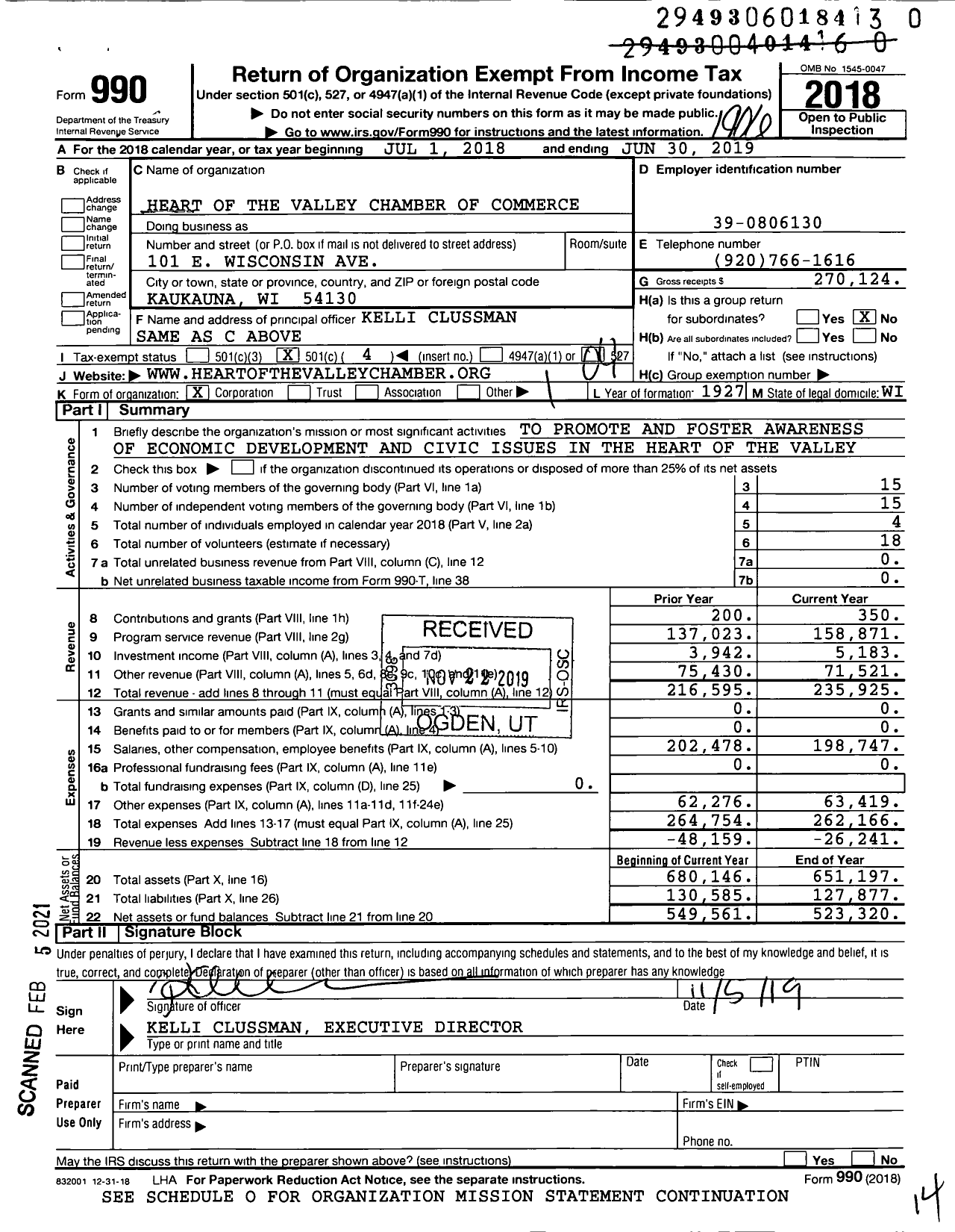 Image of first page of 2018 Form 990O for Heart of the Valley Chamber of Commerce