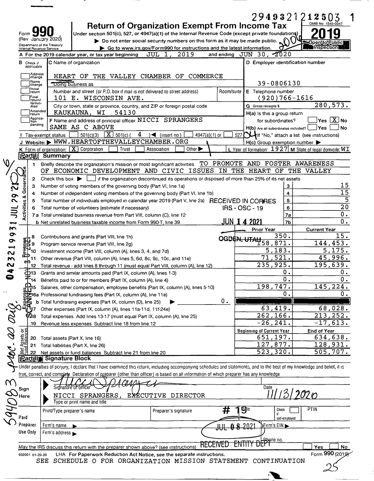 Image of first page of 2019 Form 990O for Heart of the Valley Chamber of Commerce