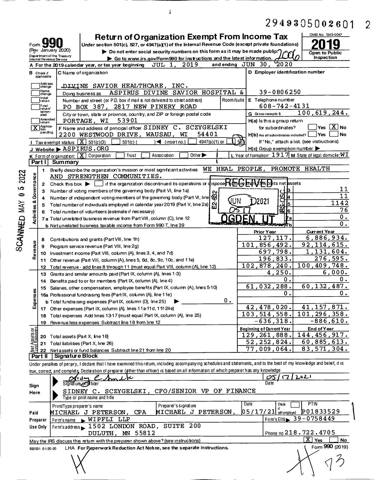 Image of first page of 2019 Form 990 for Aspirus Divine Savior Hospital and Clinics