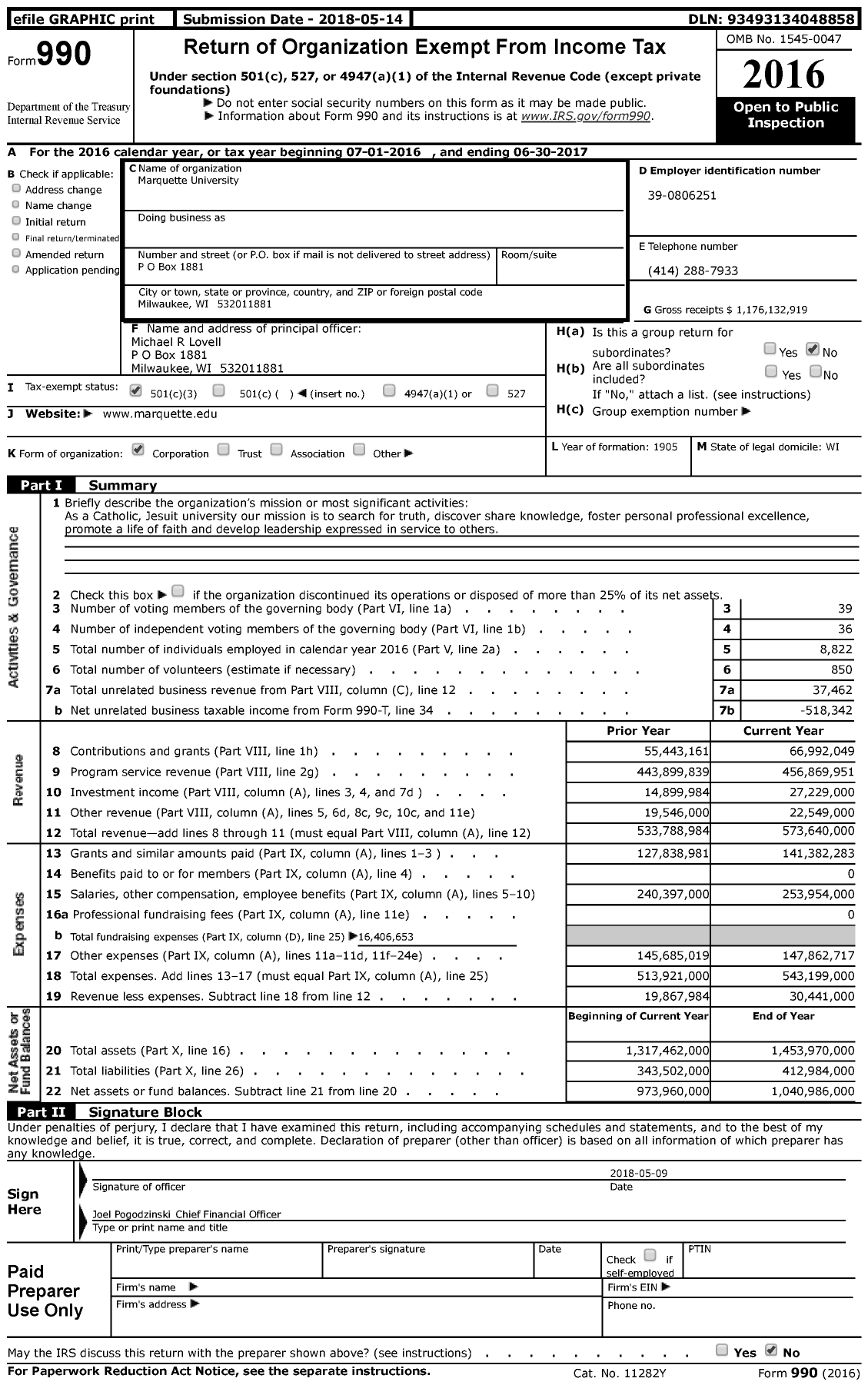 Image of first page of 2016 Form 990 for Marquette University