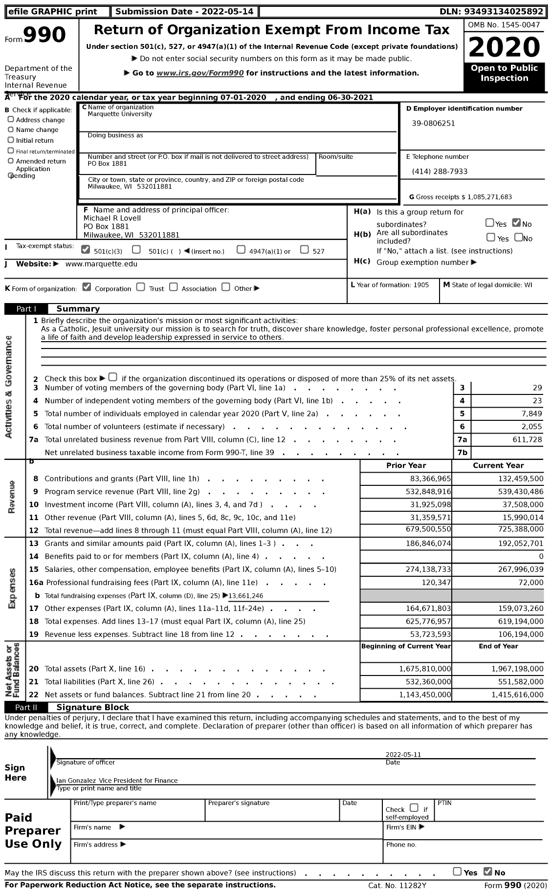 Image of first page of 2020 Form 990 for Marquette University