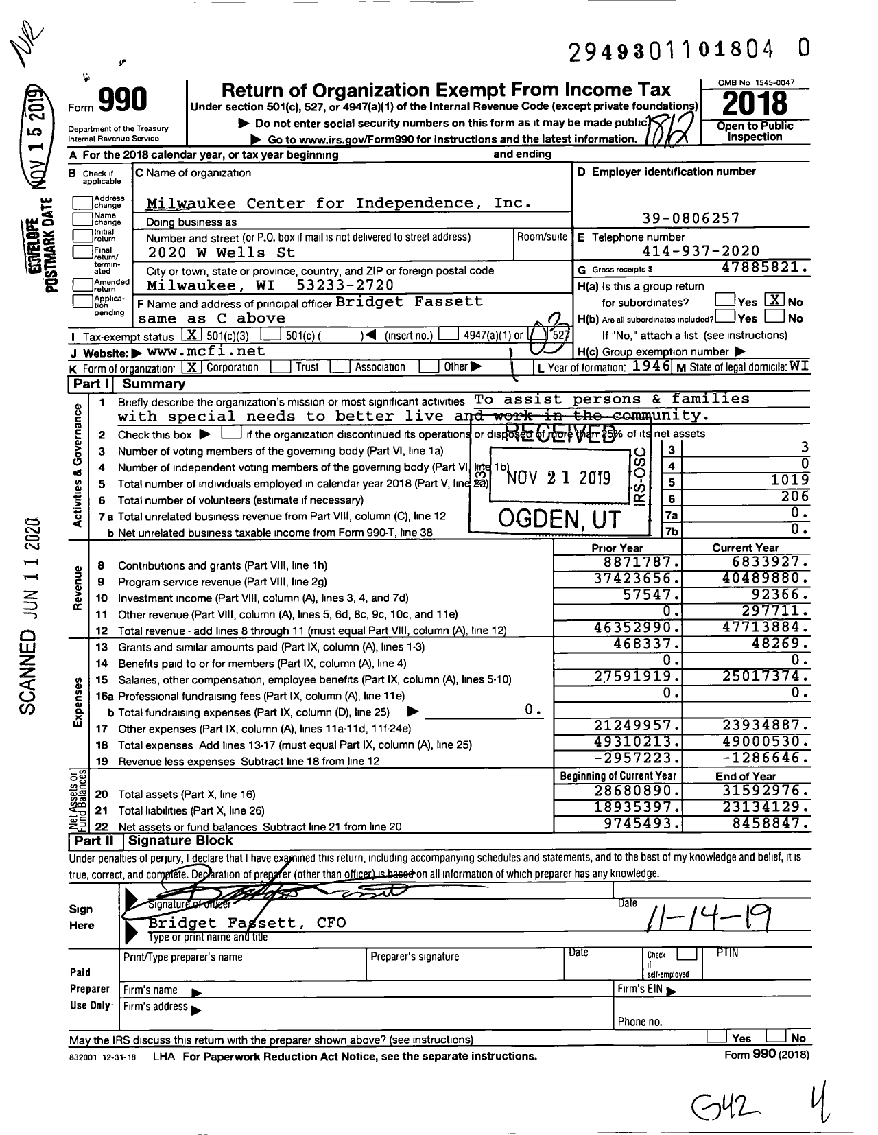 Image of first page of 2018 Form 990 for Milwaukee Center For Independence