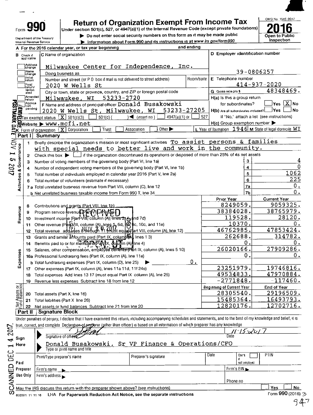 Image of first page of 2016 Form 990 for Milwaukee Center For Independence