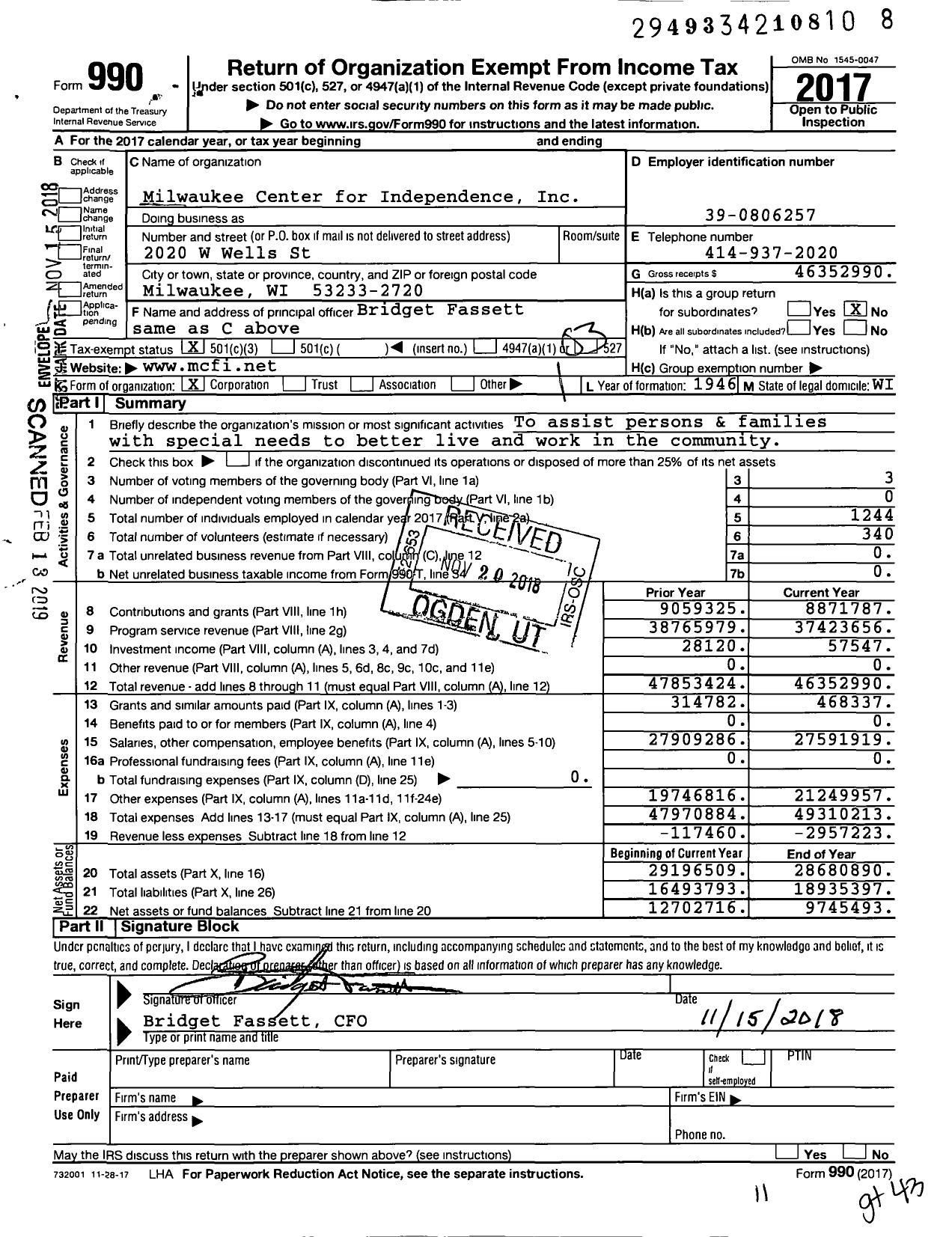 Image of first page of 2017 Form 990 for Milwaukee Center For Independence