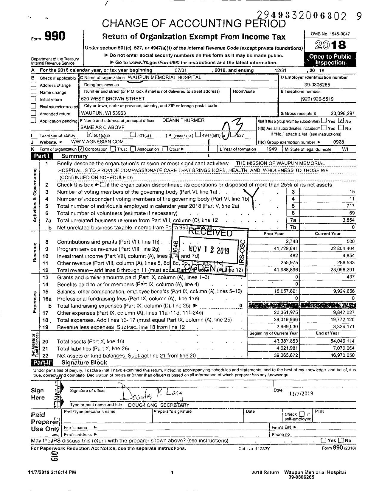 Image of first page of 2018 Form 990 for Waupun Memorial Hospital