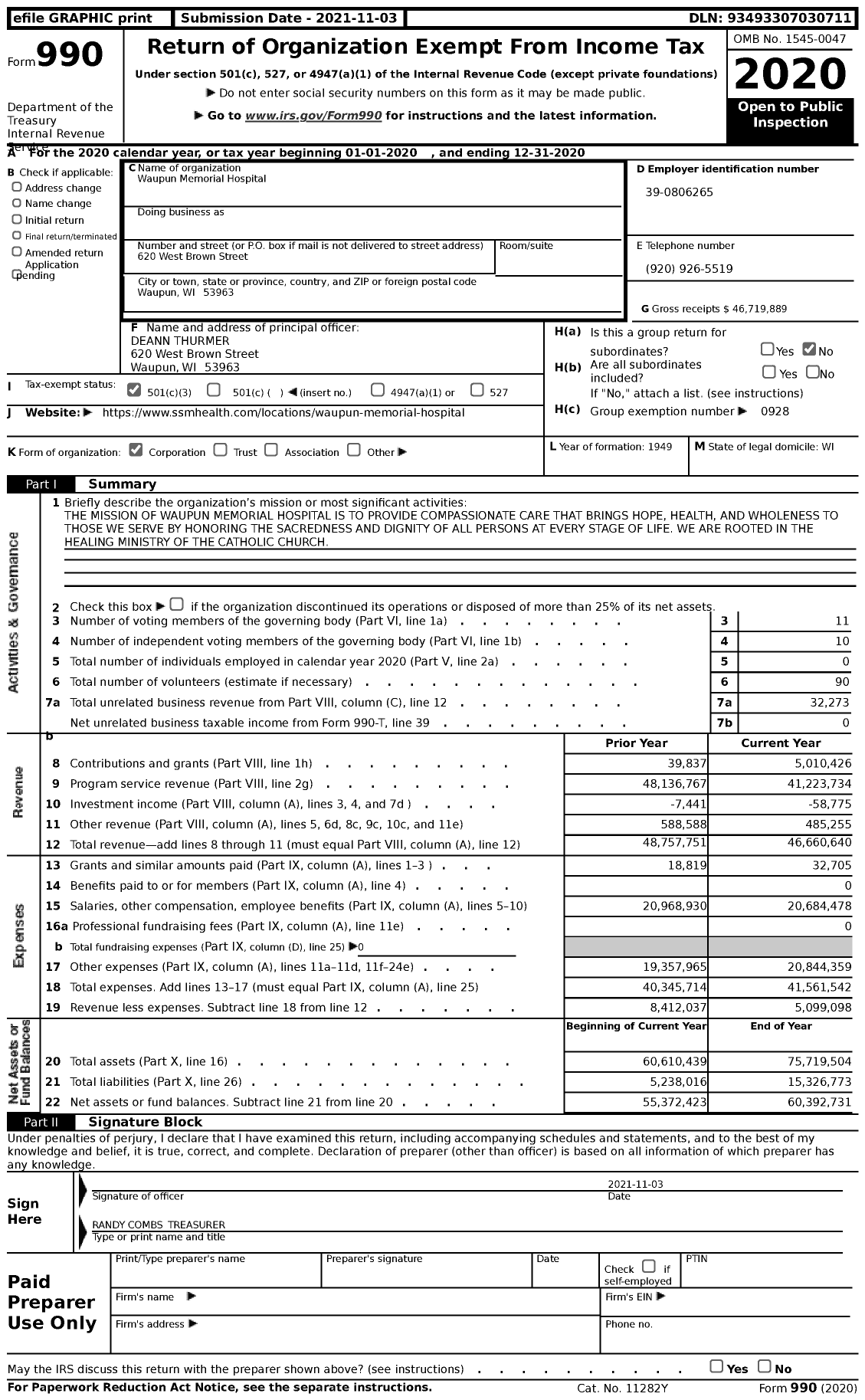 Image of first page of 2020 Form 990 for Waupun Memorial Hospital