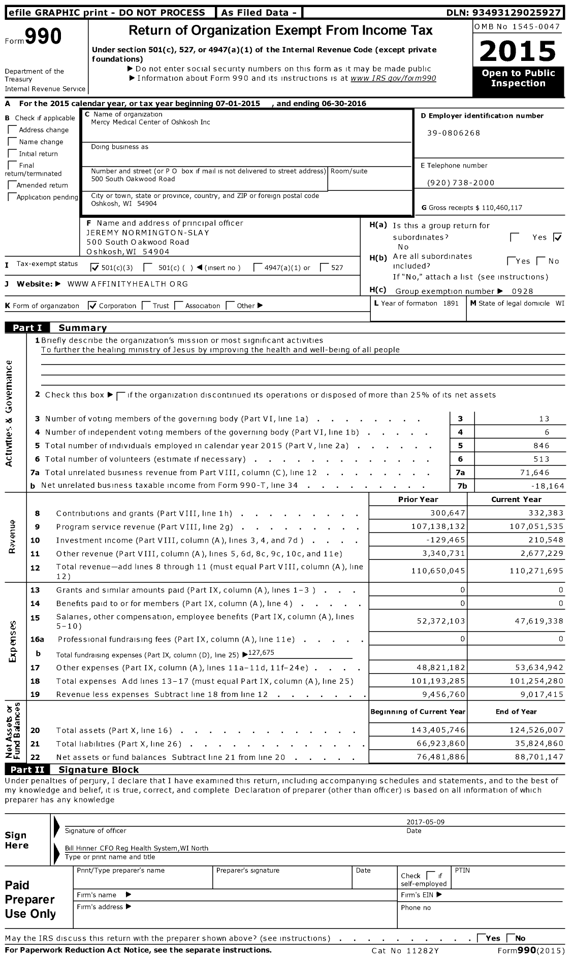 Image of first page of 2015 Form 990 for Mercy Medical Center of Oshkosh