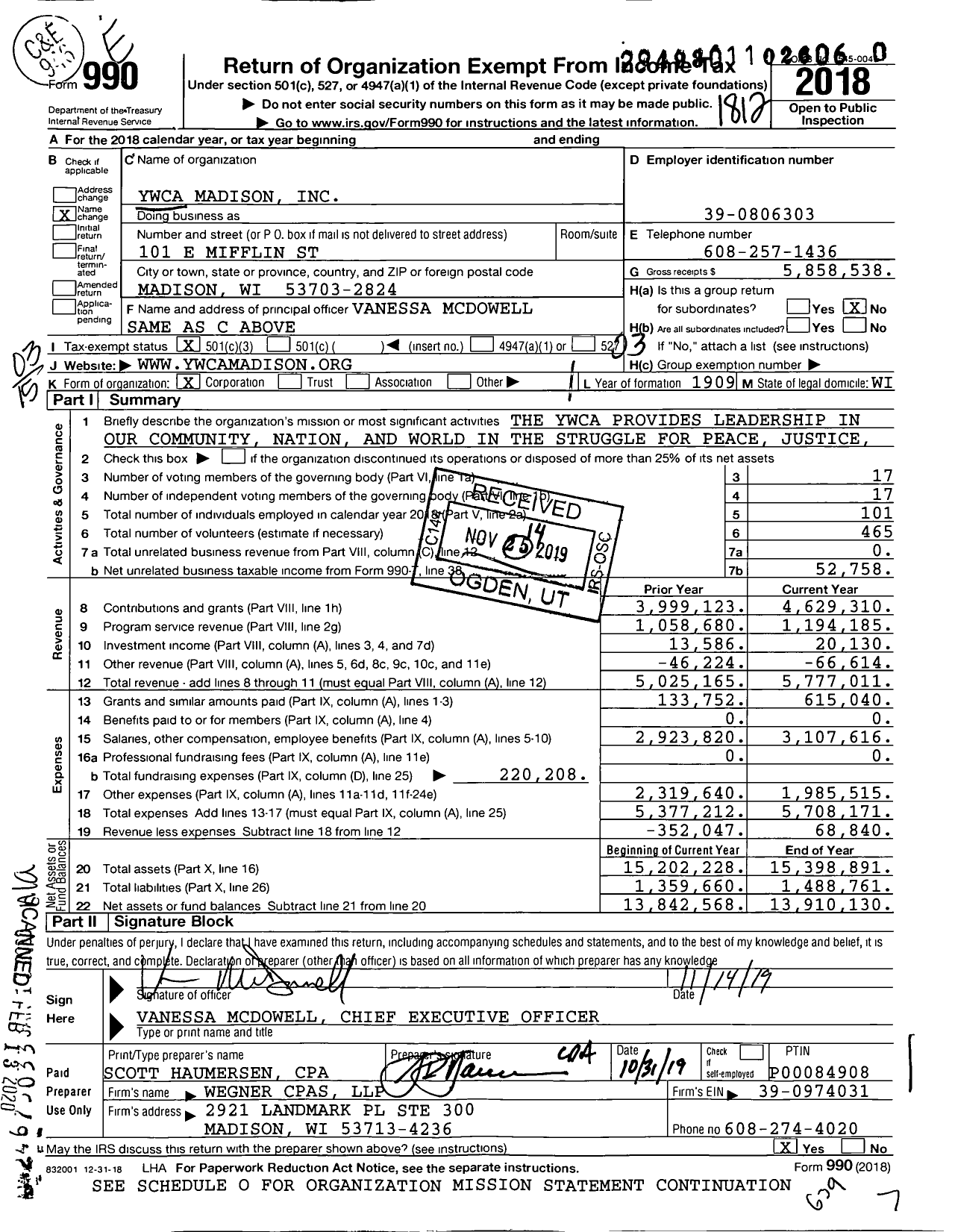 Image of first page of 2018 Form 990 for Ywca Madison