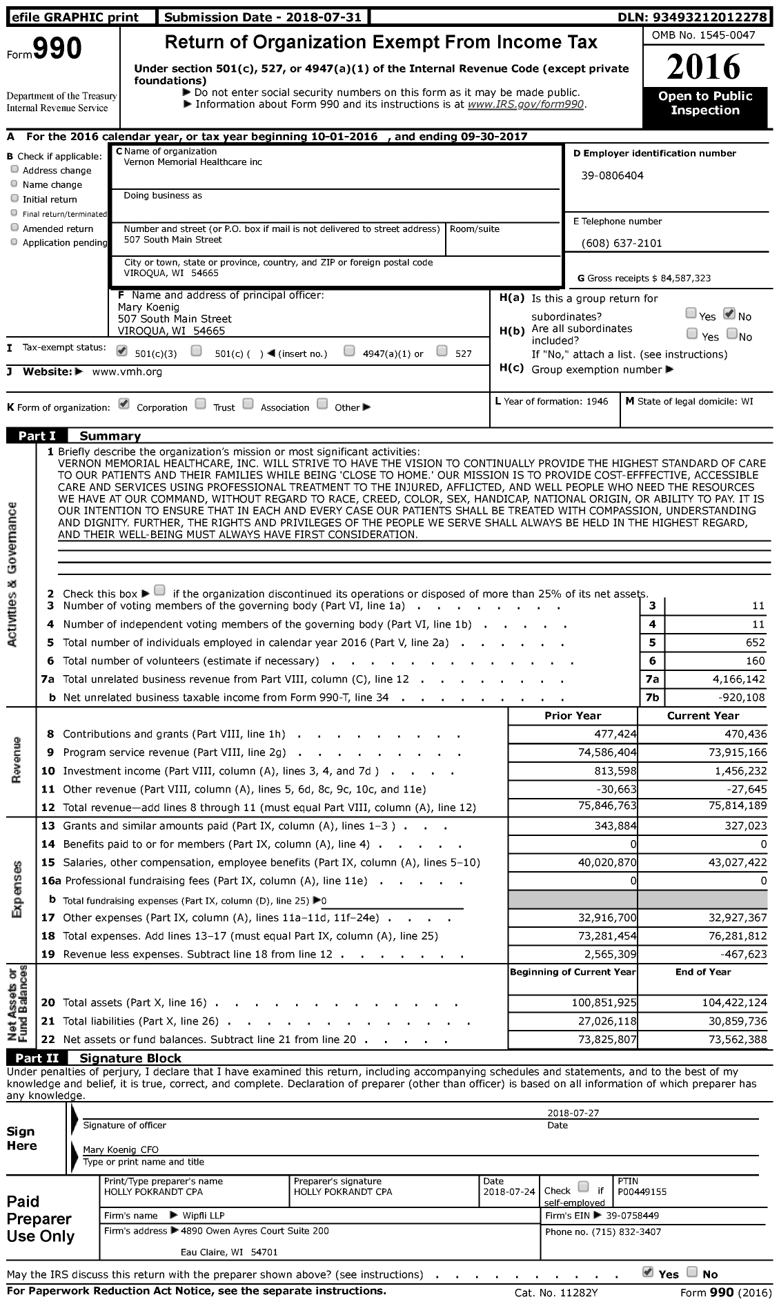 Image of first page of 2016 Form 990 for Vernon Memorial Healthcare (VMH)