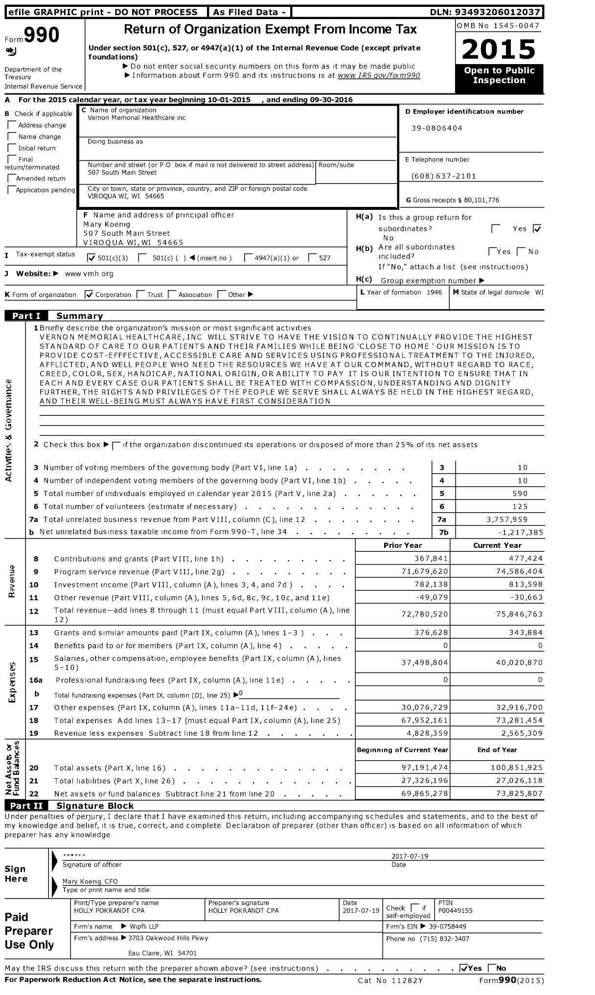 Image of first page of 2015 Form 990 for Vernon Memorial Healthcare (VMH)