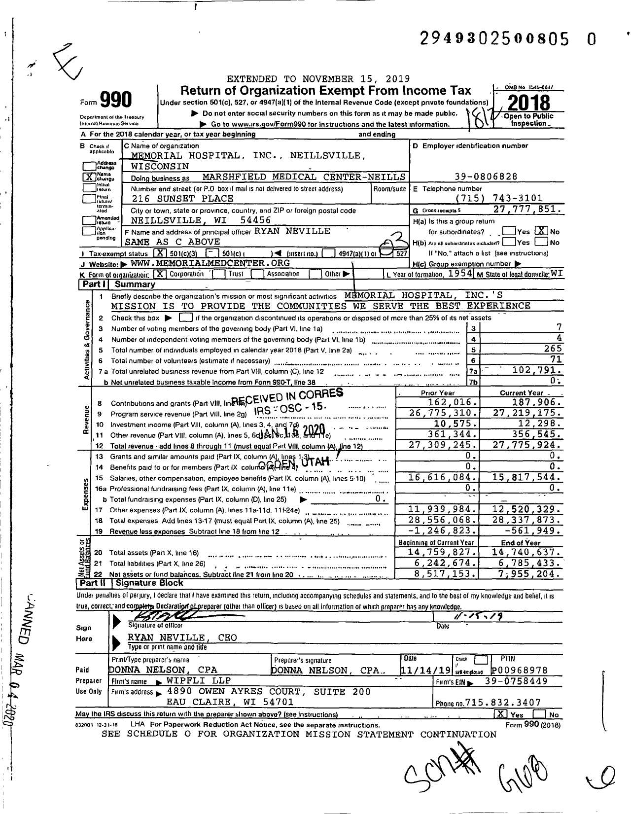 Image of first page of 2018 Form 990 for Marshfield Medical Center-Neillsville