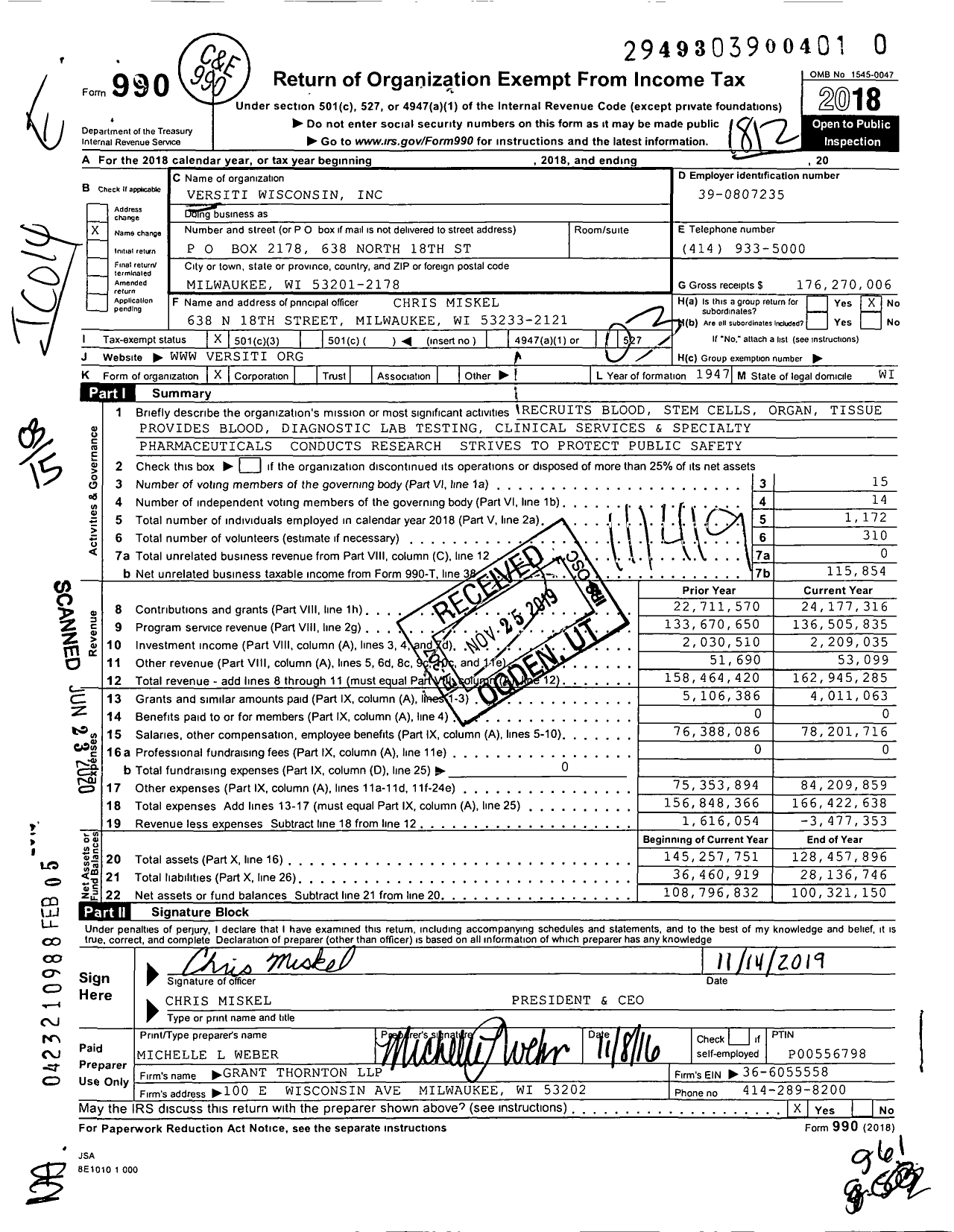 Image of first page of 2018 Form 990 for Versiti Wisconsin (BCW)
