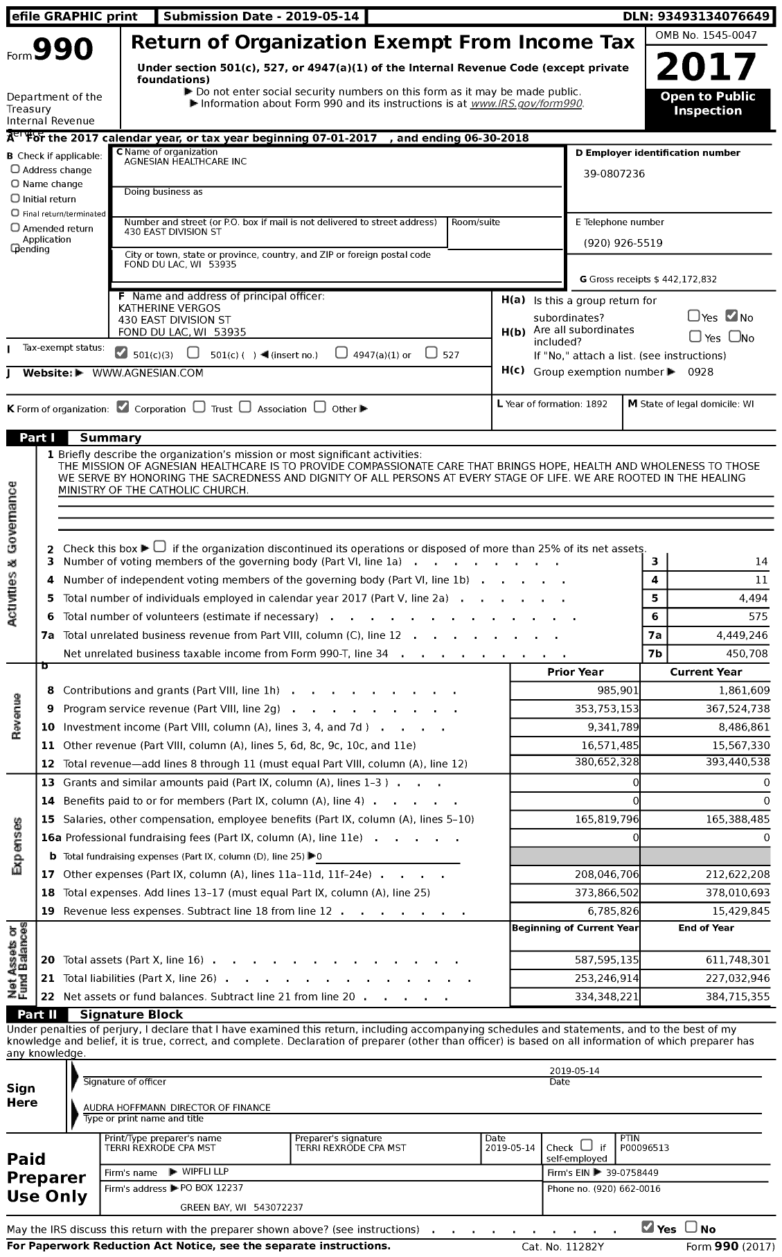 Image of first page of 2017 Form 990 for Agnesian Healthcare