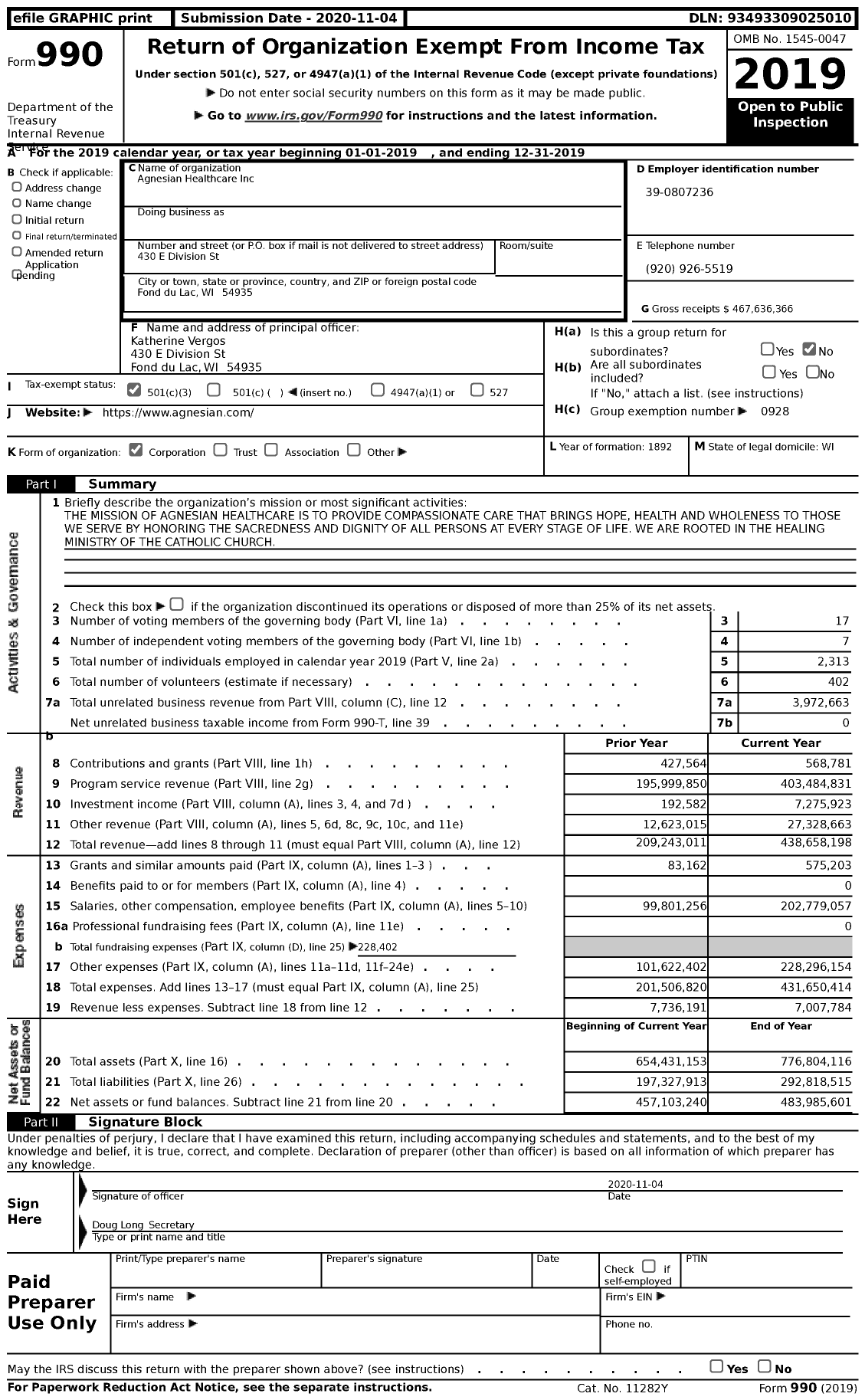 Image of first page of 2019 Form 990 for Agnesian Healthcare