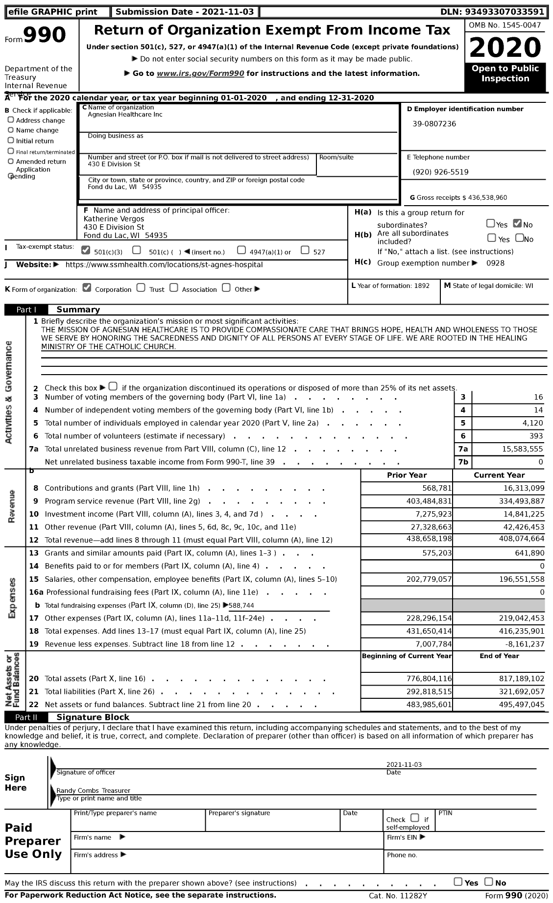 Image of first page of 2020 Form 990 for Agnesian Healthcare