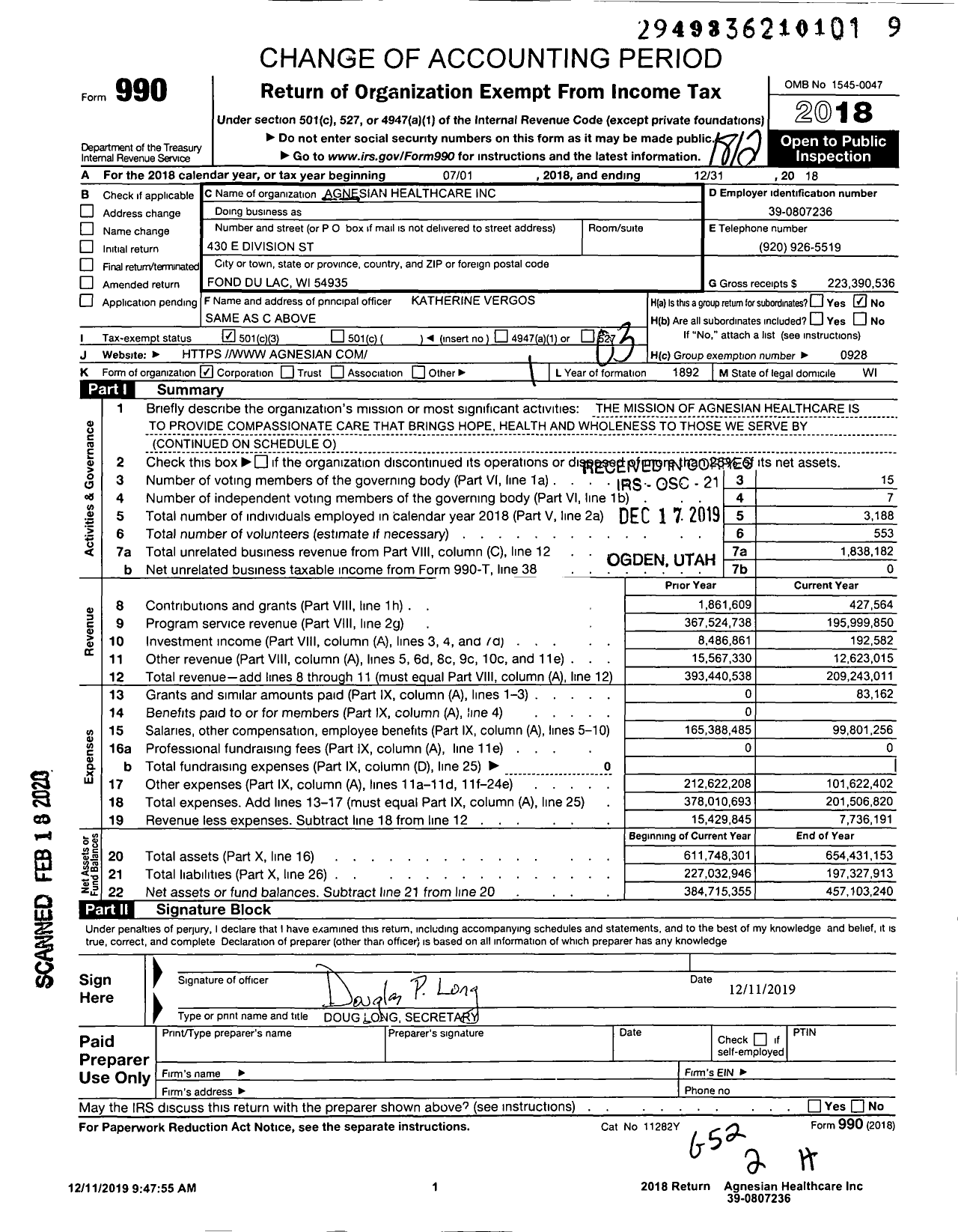 Image of first page of 2018 Form 990 for Agnesian Healthcare
